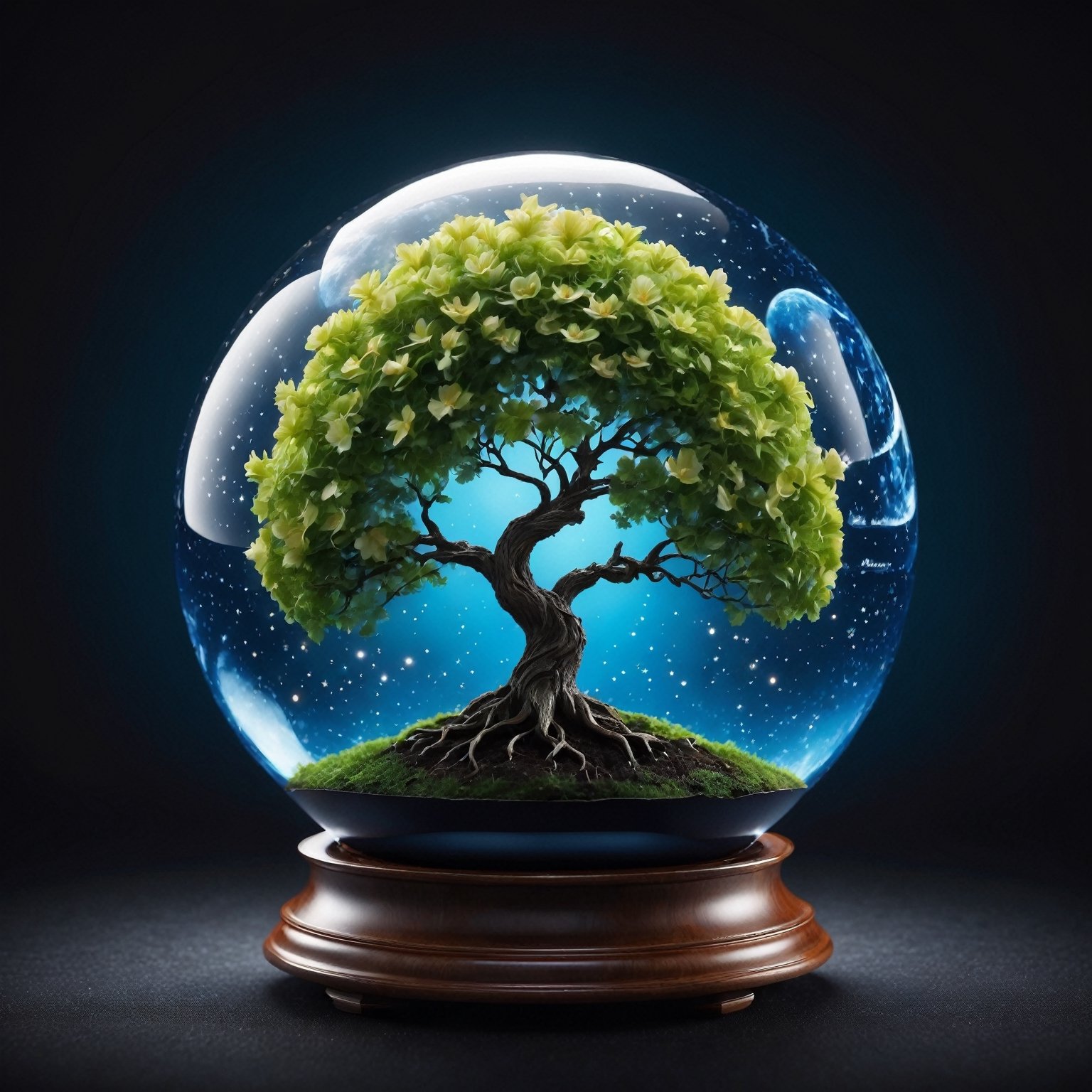 (best quality,8K,highres,masterpiece), ultra-detailed, tree planting, a earth globe with flowers and plants on it, on a dark background, with a blue sky