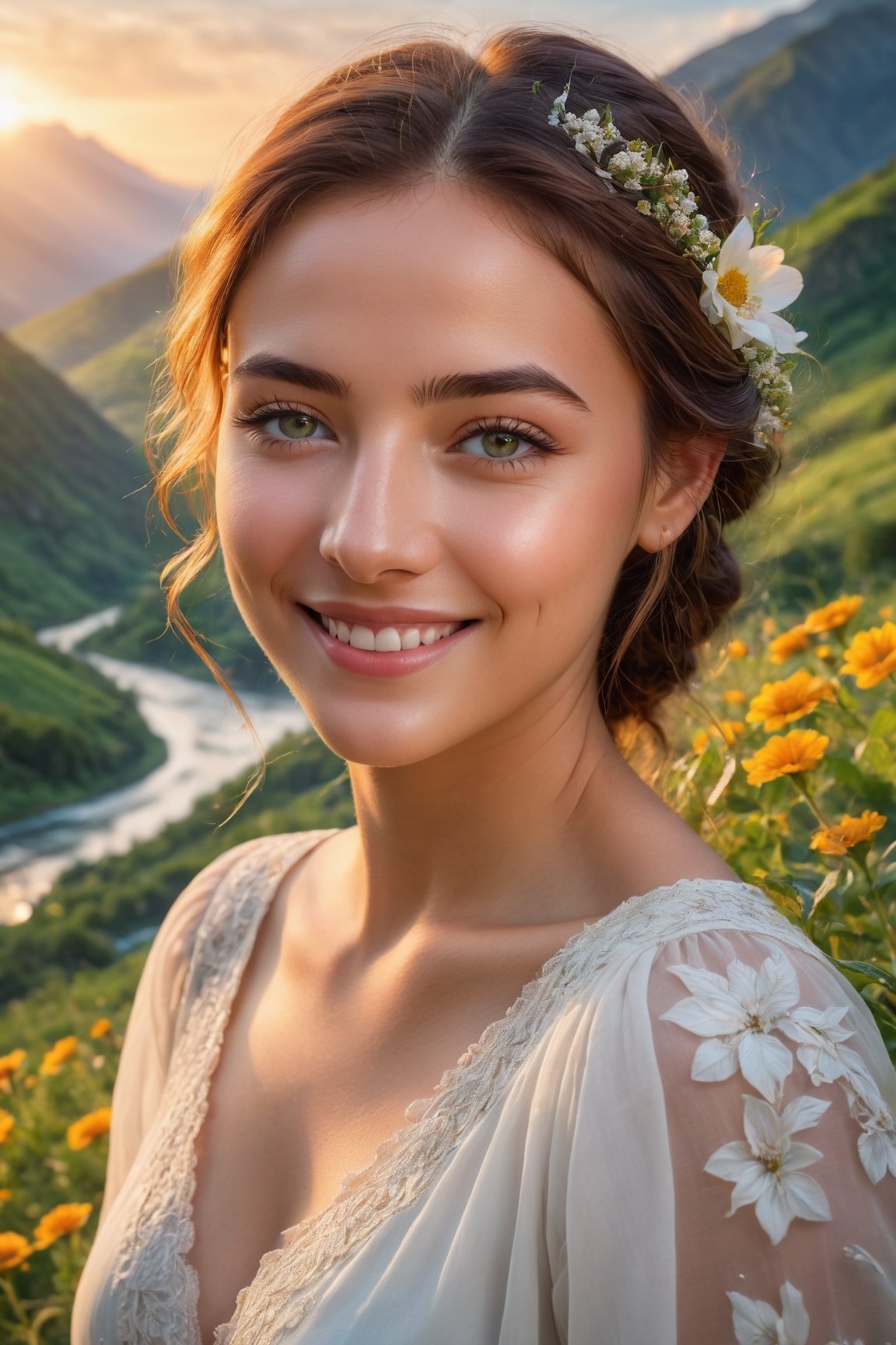 (best quality,8k,highres,masterpiece:1.2),photorealistic,ultra-detailed,vibrant photography of a woman in nature, cute smile,dramatic lighting,finely detailed beautiful eyes,fine detailed skin,Natural scenery,majestic landscape,colorful flowers,distant mountains,flowing rivers,melting sunset,serene atmosphere,dazzling sunlight,blissful vibes,freckled face,luscious greenery,soft breeze,ethereal beauty