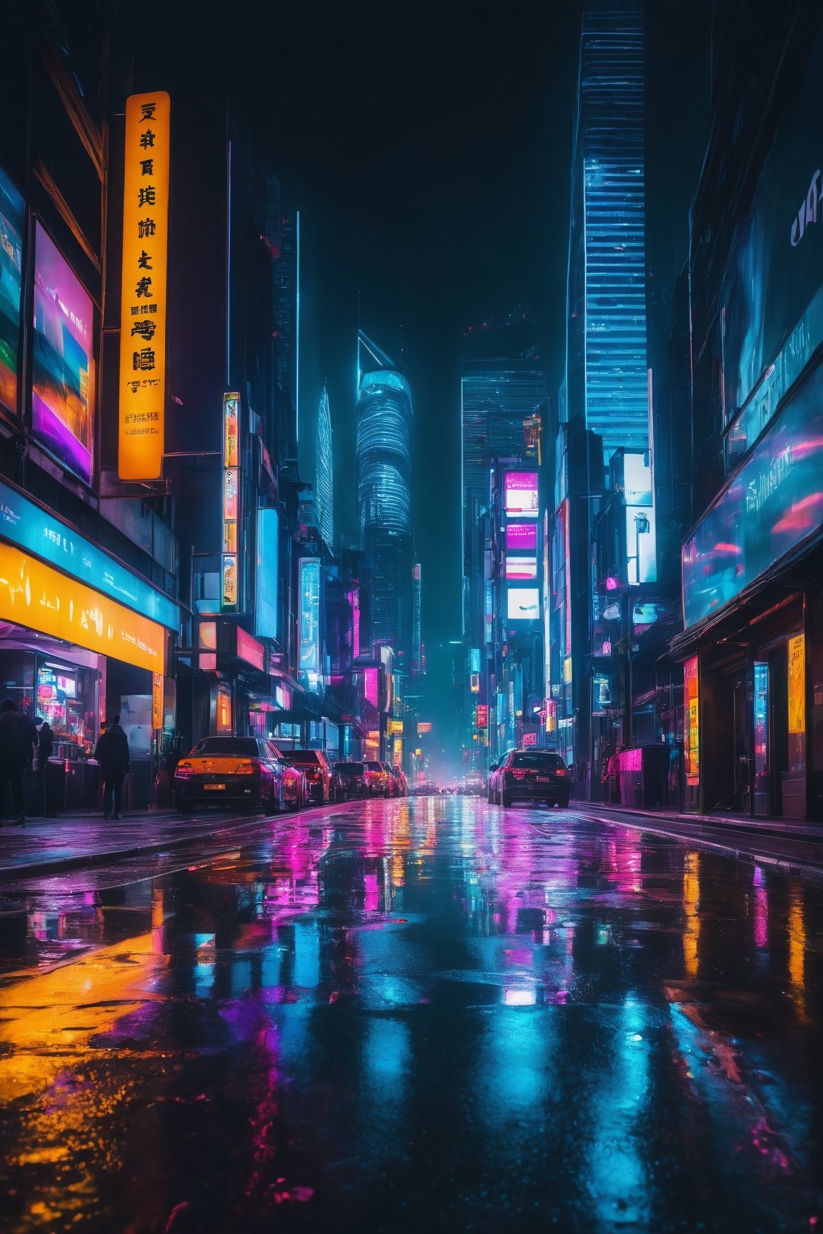 a vibrant cityscape with neon lights and a cinematic atmosphere,(best quality,4k,8k,highres,masterpiece:1.2),ultra-detailed,(realistic,photorealistic,photo-realistic:1.37),HDR,UHD,studio lighting,ultra-fine painting,sharp focus,physically-based rendering,extreme detail description,professional,vivid colors,bokeh,landscape,nighttime,reflective surfaces,glowing signs,bustling streets,people walking,tall skyscrapers,city skyline,traffic lights,light trails,moody atmosphere,contrast of light and shadow,urban energy,modern architecture,an abundance of colors and textures,streets filled with life,ambient sounds,hidden alleyways,steam rising from manholes,the city never sleeps