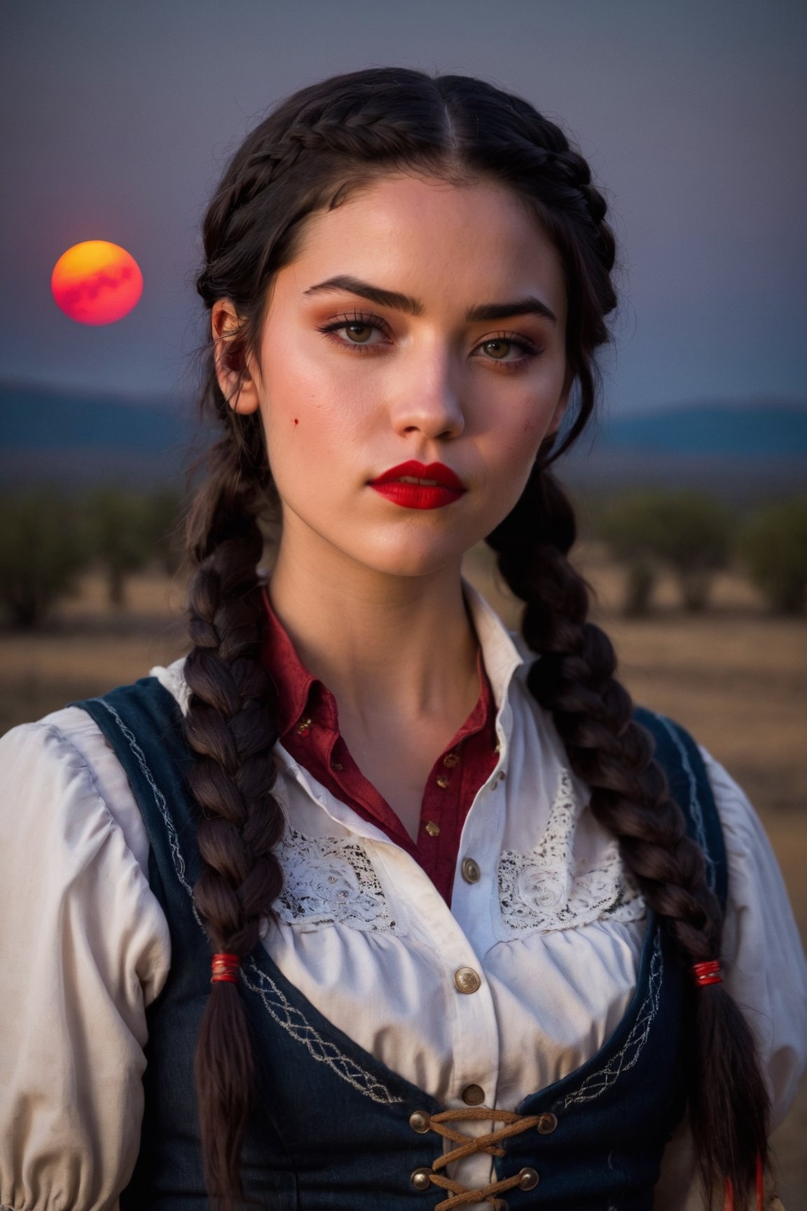 (23-year-old woman), (determined face), (red lips), (black hair braided to the side), (period clothes), (cowboy hat), (blood moon in the background).