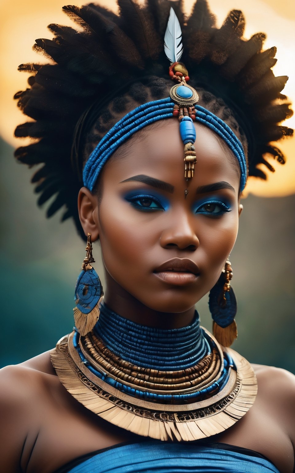 (best quality,8K,highres,masterpiece), ultra-detailed, (medium shot of the most beautiful African girl of the universe), a stunning African girl with a tribal and wild aesthetic. Her skin has a black coal texture surface, adding to her natural beauty and uniqueness. She wears futuristic leather armor and traditional tribal clothes, adorned with intricate tribal necklaces and vibrant blue feathers. The medium shot captures her striking features and powerful presence, showcasing her as the epitome of beauty and strength. Feel free to add your own creative touches to enhance the tribal and futuristic elements, as well as the overall beauty of this captivating portrayal.