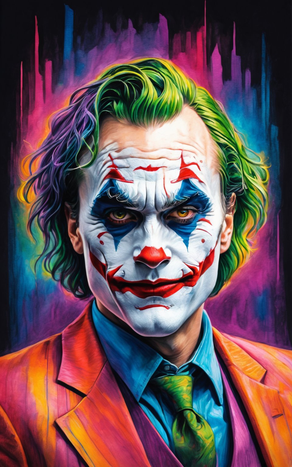 (best quality,highres,masterpiece:1.2),ultra-detailed,(portrait,joker,man,creepy look,detailed eyes,shallow depth of field,vignette,highly detailed,high budget Hollywood film),(best quality,4k,8k,highres,masterpiece:1.2),ultra-detailed,(realistic,photorealistic,photo-realistic:1.37),portraits,sharp focus,physically-based rendering,professional,vivid colors,bokeh,studio lighting,creepy color tones,subtle shadows