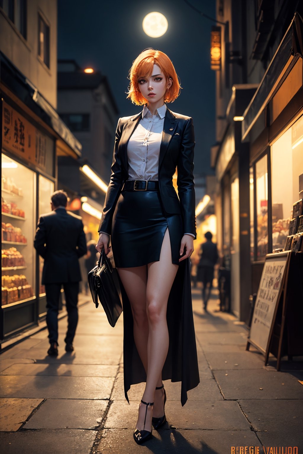 dim orange moonlighting,dim orange neonlighting,night,A beautiful woman wearing school uniform on the bustling streets of Gintama, surrounded by vendors, beautiful portrait of a stunning goddess girl, beautiful detailed face, porcelain skin, full body shot, centered, ultra soft lighting, symmetry, intricate, elegant, highly detailed, photorealistic, artstation, concept art, smooth, as imagined by greg rutkowski and borris vallejo, cover, vogue style