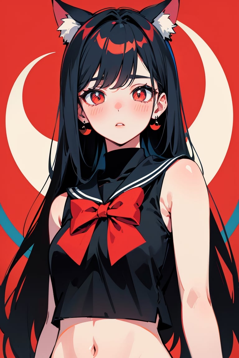 (best quality, 4k, 8k, highres, masterpiece:1.5), ultra-detailed,anime, 1girl,solo,long hair,looking at viewer,blush,bangs,shirt,black hair,bow,jewelry,very long hair,upper body,hair bow,earrings,sleeveless,sailor collar,red bow,black shirt,sleeveless shirt,bell,animal,cat,crescent,red background