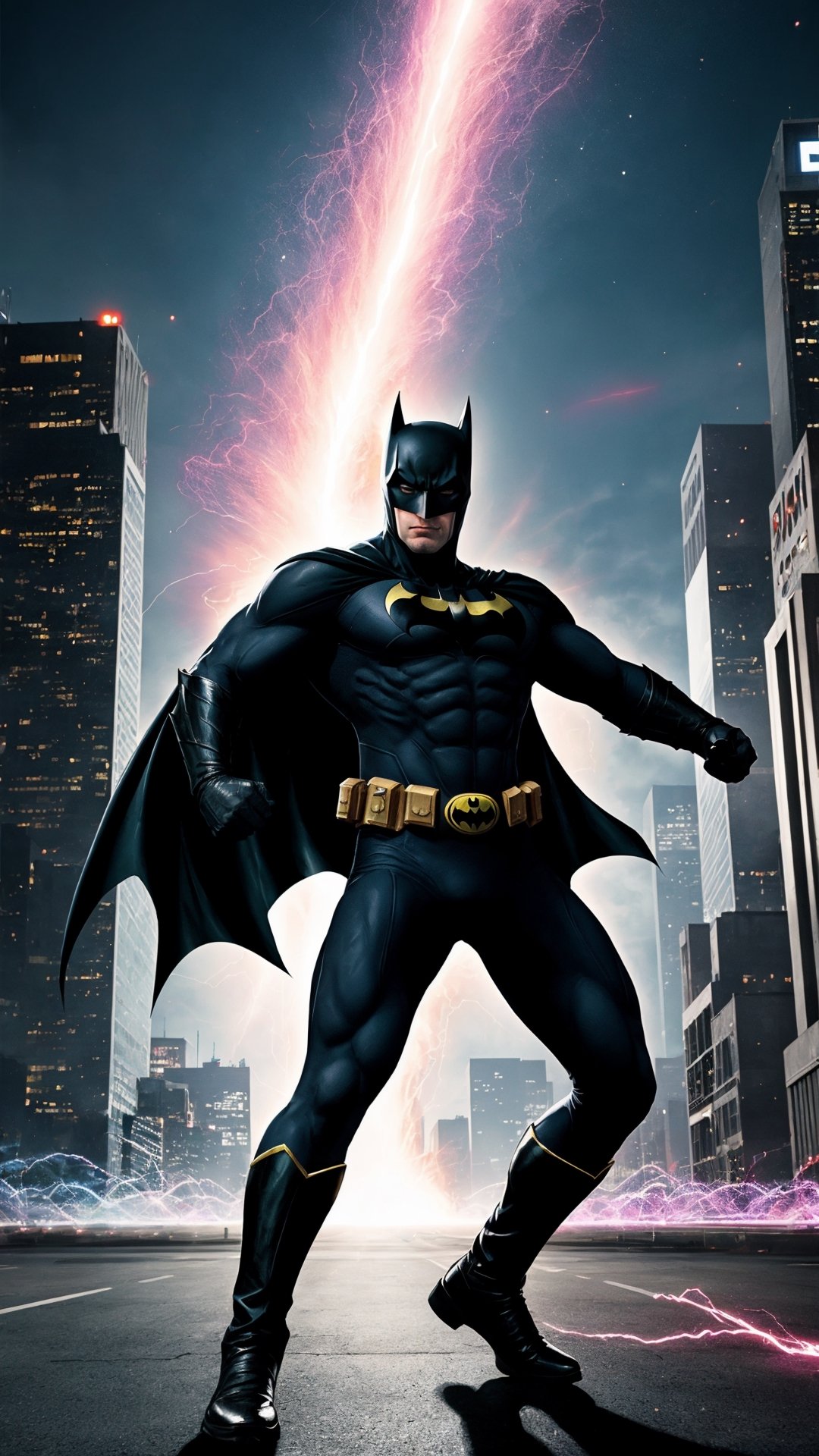 "Generate an image depicting an ultra Sonic-powered version of Batman  in a dynamic and action-packed pose. Show  suit emanating vibrant energy waves, with a futuristic cityscape in the background, highlighting the sheer power and speed of this upgraded superhero."