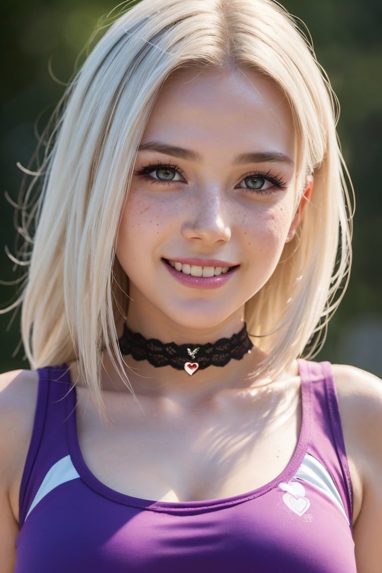 (best quality,8K,highres,masterpiece), ultra-detailed, (realistic portrait), 1girl, heart-shaped pupils, white hair, purple eyes, (blush:1.1), choker, upper body, trembling, sweat, sweatdrop, heart, (medium breasts:0.6), love, heart, crop top, happy, smile, lace, bokeh, (freckles:0.8), natural skin texture, portrait