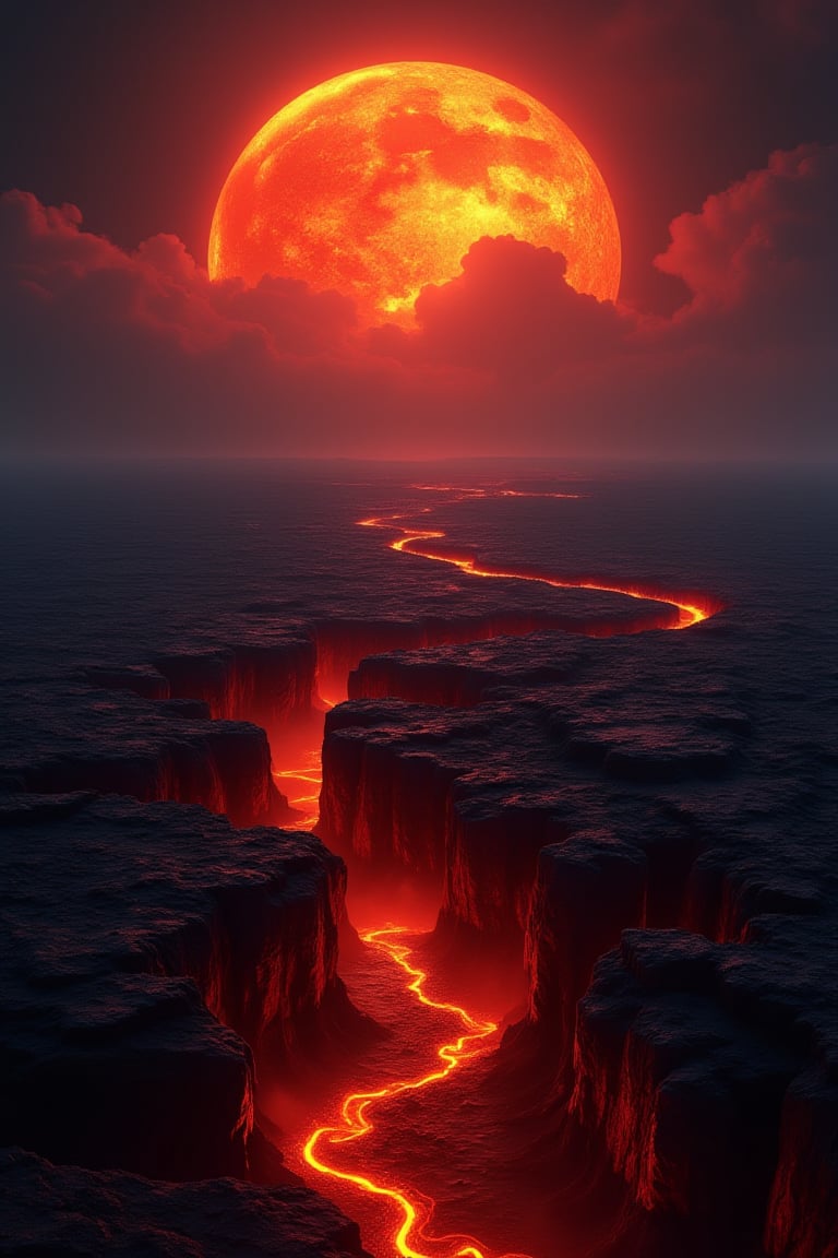 A massive, fiery sun hangs ominously low in the sky, casting an intense orange and red glow over the landscape. Jagged, dark volcanic terrain stretches out beneath it, cracked open by a river of molten lava winding its way toward the horizon. The sky, filled with swirling dark clouds, creates a dramatic contrast with the luminescent, inferno-like atmosphere. The scene is bathed in a surreal, otherworldly light, highlighting the stark, rugged textures of the terrain and the explosive energy emanating from the smoldering fissures.