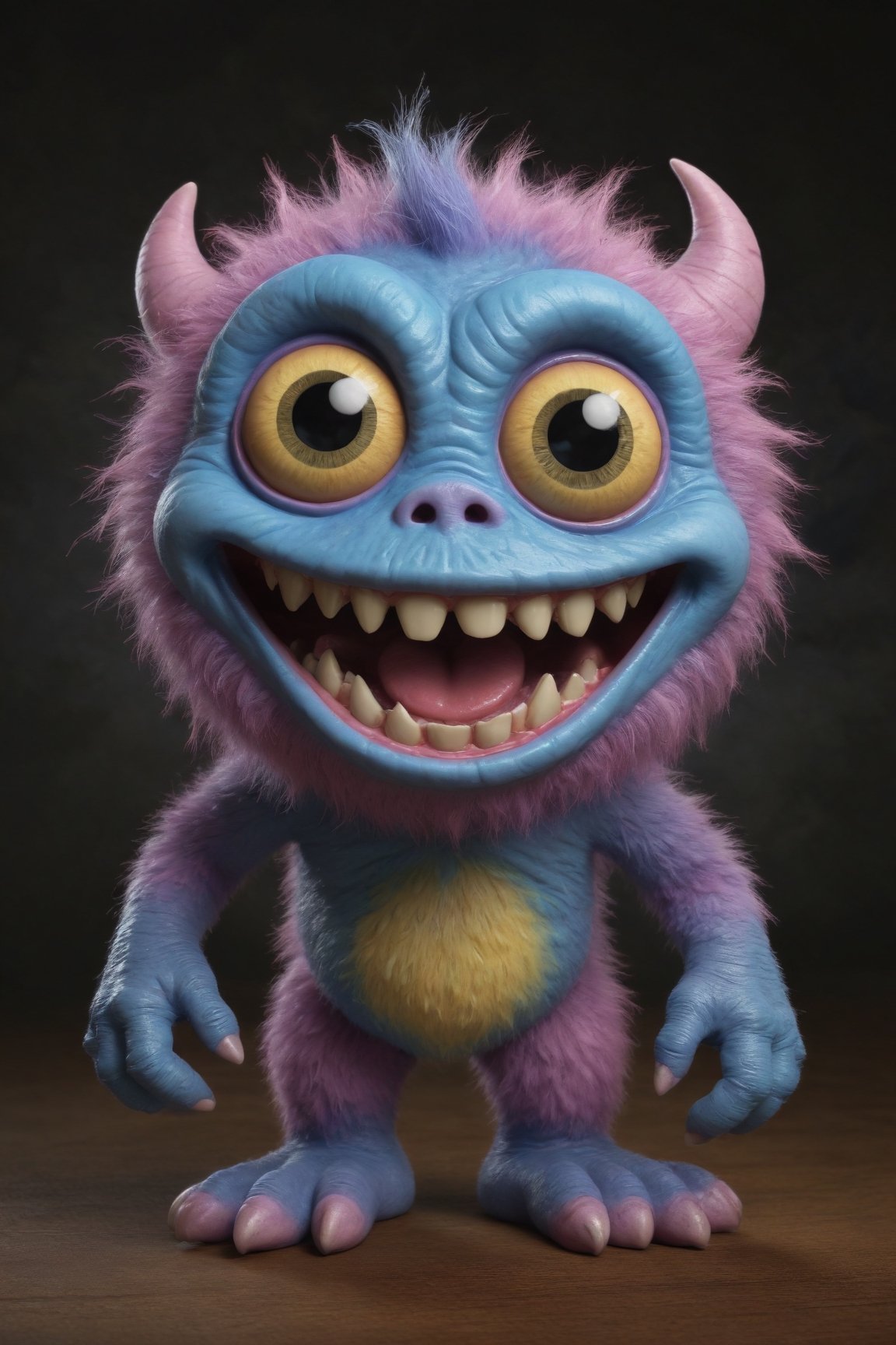 (best quality,8K,highres,masterpiece), ultra-detailed, capturing the whimsical essence of a cute, tiny monster with a distinctly creepy smile. This creature, while small in stature, boasts an array of vibrant colors and textures, making it stand out with its unique charm. Despite its eerie grin, there's an undeniable allure to its appearance, blending elements of the adorable with the slightly unsettling. The monster's eyes sparkle with mischief, suggesting a playful nature behind its unnerving smile. Its skin is highly textured, showcasing an array of soft, pastel shades that contrast with the darker, more mysterious tones of its grin. The background is deliberately blurred, focusing attention on the creature's expressive face and the intricate details that define its character. This portrayal combines the innocent with the eerie, inviting viewers into a world where even the smallest monsters carry a mix of cuteness and mystery.