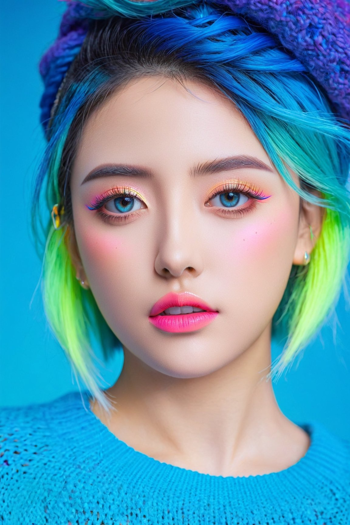 realistic,detailed,anime-style,1girl,beautiful detailed eyes,beautiful detailed lips,extremely detailed eyes and face,long eyelashes,Sweater,order,Blue gradient background,Neon hair,Textured crop,Canadian,(masterpiece:1.2),(best quality),(niji style),vivid colors