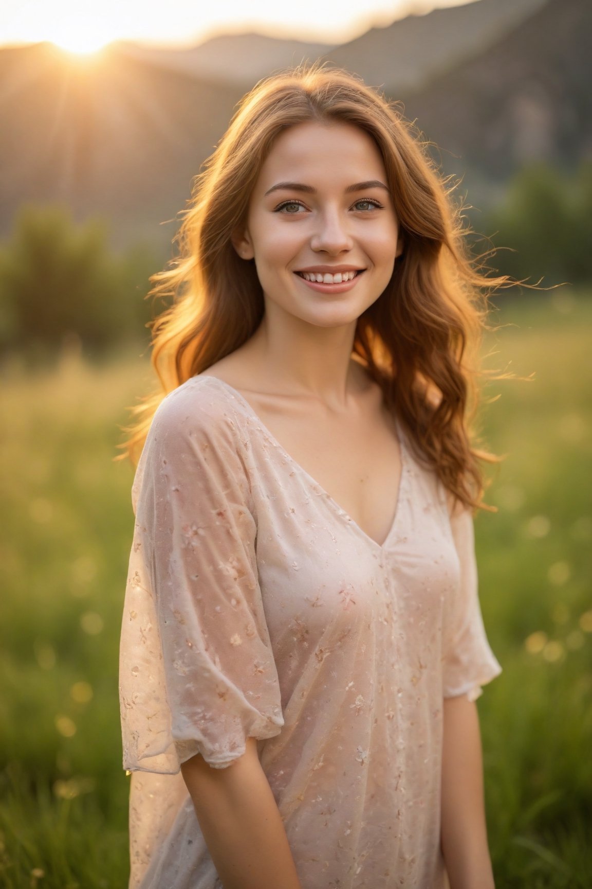 (best quality, 8k, highres, masterpiece:1.2), photorealistic, ultra-detailed, vibrant photography of a woman in nature, cute smile, dramatic lighting, finely detailed beautiful eyes, fine detailed skin, Natural scenery, majestic landscape, colorful flowers, distant mountains, flowing rivers, melting sunset, serene atmosphere, dazzling sunlight, blissful vibes, freckled face, luscious greenery, soft breeze, ethereal beauty