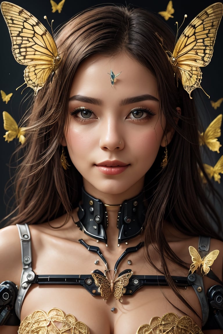 A (highly detailed, elegant) portrait that seamlessly combines elements of digital photography and surreal painting. The subject is a beautiful cyborg with (intricate, majestic) features and brown hair. cute smile, Her cybernetic enhancements are adorned with a (golden butterfly filigree) that adds an element of mystique. The scene is set against a backdrop of (broken glass), creating a unique and captivating blend of beauty and surrealism.