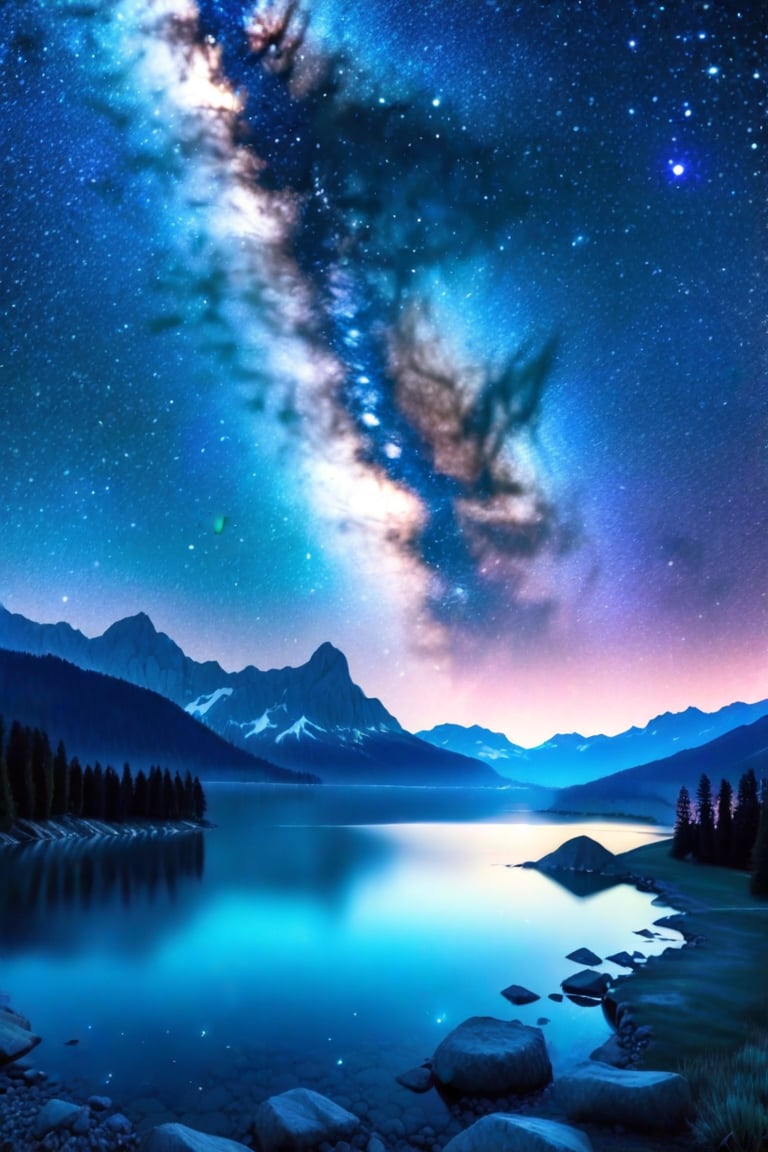 the milky way over a lake and mountains in the night sky, with stars reflecting on the water,outer space