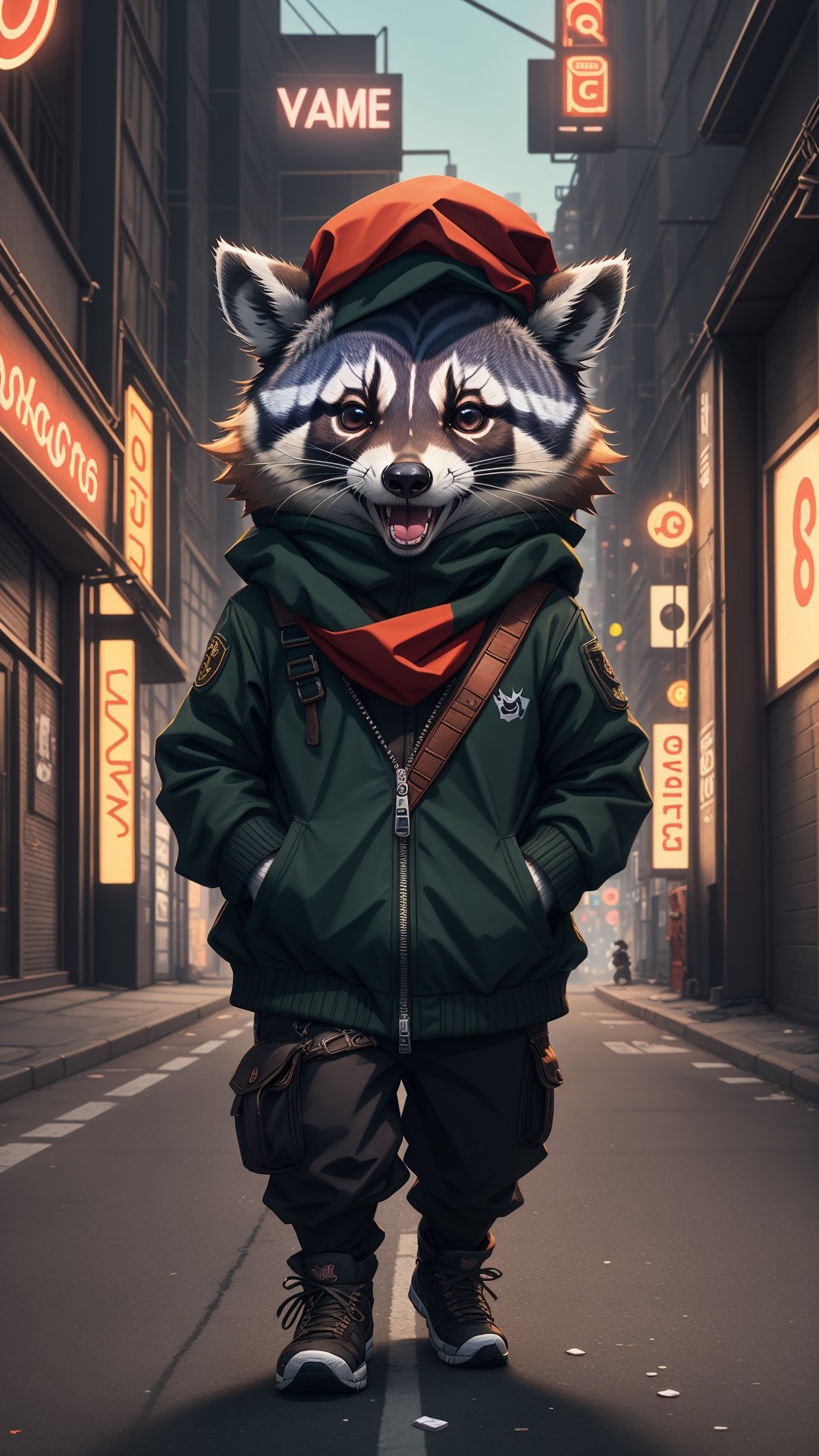 (best quality,highres), 3D video game raccoon wearing a bandana on his head, demands money, vibrant colors, detailed fur, intense expression, dynamic pose, urban street backdrop, digital art, neon lights, game character, mischievous vibe