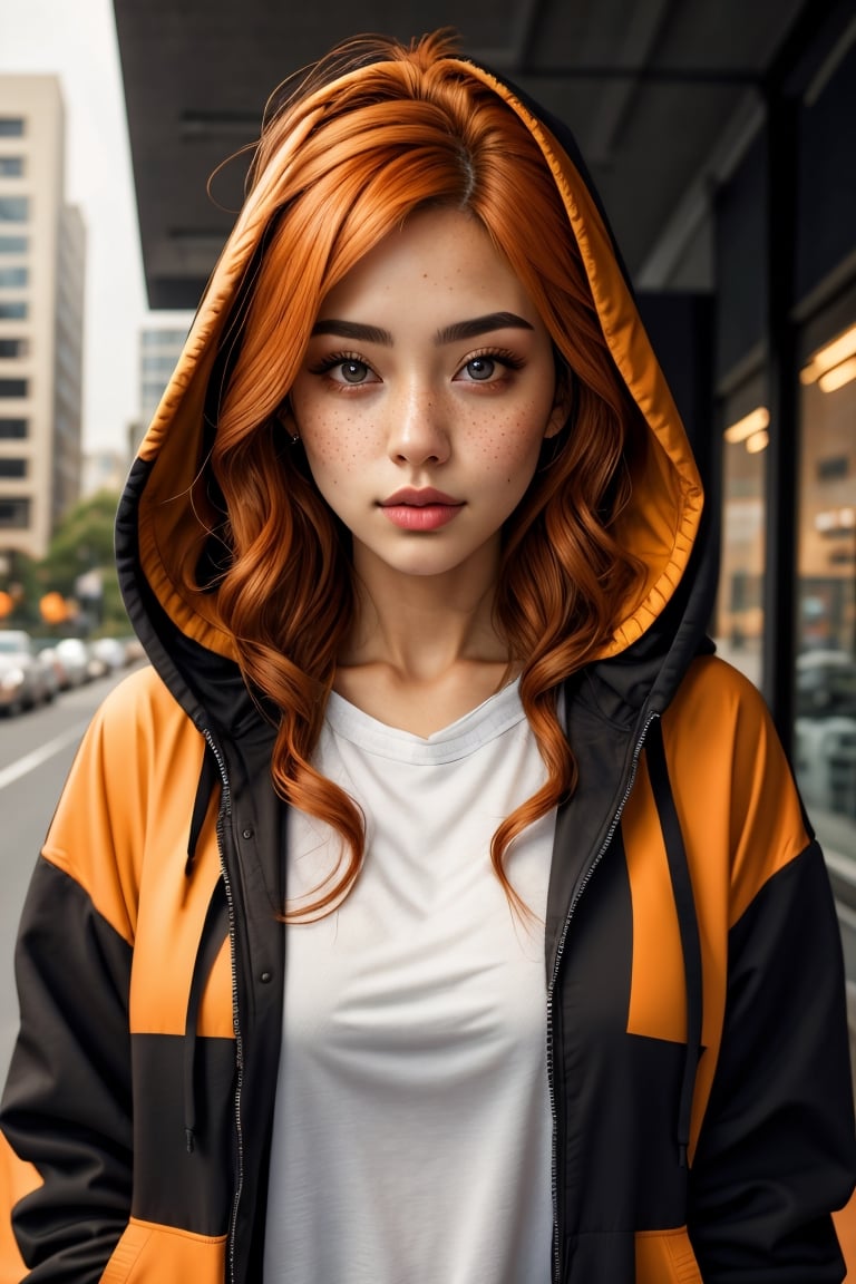 (best quality, 4k, 8k, highres, masterpiece:1.2), ultra-detailed, (realistic, photorealistic, photo-realistic:1.37), 1girl,solo,long hair,looking at viewer,shirt,brown eyes,closed mouth,jacket,upper body,open clothes,hood,orange hair,open jacket,lips,black jacket,black shirt,eyelashes,hoodie,hooded jacket,hood up,freckles,realistic,nose,open hoodie