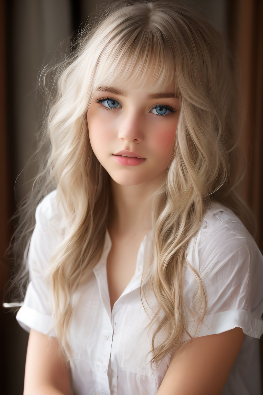 (best quality,8K,highres,masterpiece), ultra-detailed, (photo-realistic, lifelike) portrait of an unparalleled beauty with radiant, firm, and shimmering skin. Her platinum blonde hair flows straight and silky, accentuating her bangs that elegantly frame her bright blue eyes. The high-definition rendering highlights her big, beautiful, and innocent eyes, enhanced by eyeliner. This portrayal captures the essence of a sexy, yet lovely, 14-year-old girl with a baby face, dressed in a short-sleeve shirt, creating a captivating image of youthful charm.
