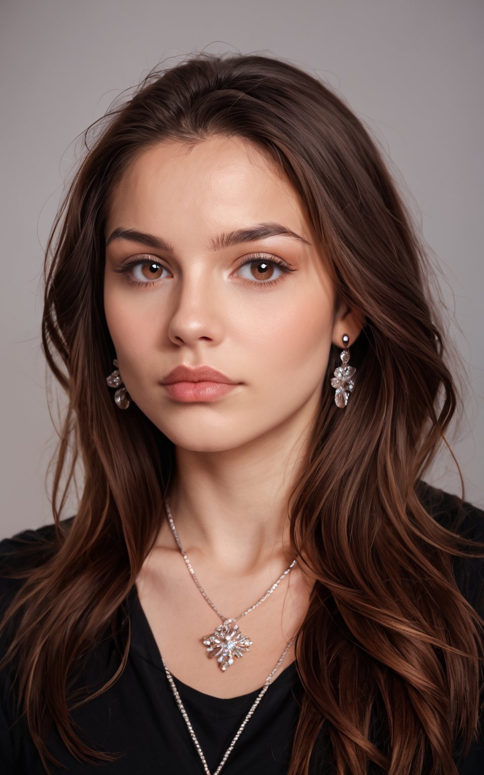 score_9,score_8_up,score_7_up,photorealistic, photography, 1girl,long hair,looking at viewer,simple background,brown hair,shirt,brown eyes,jewelry,aqua_earrings,grey background,necklace,lips,portrait,forehead,realistic