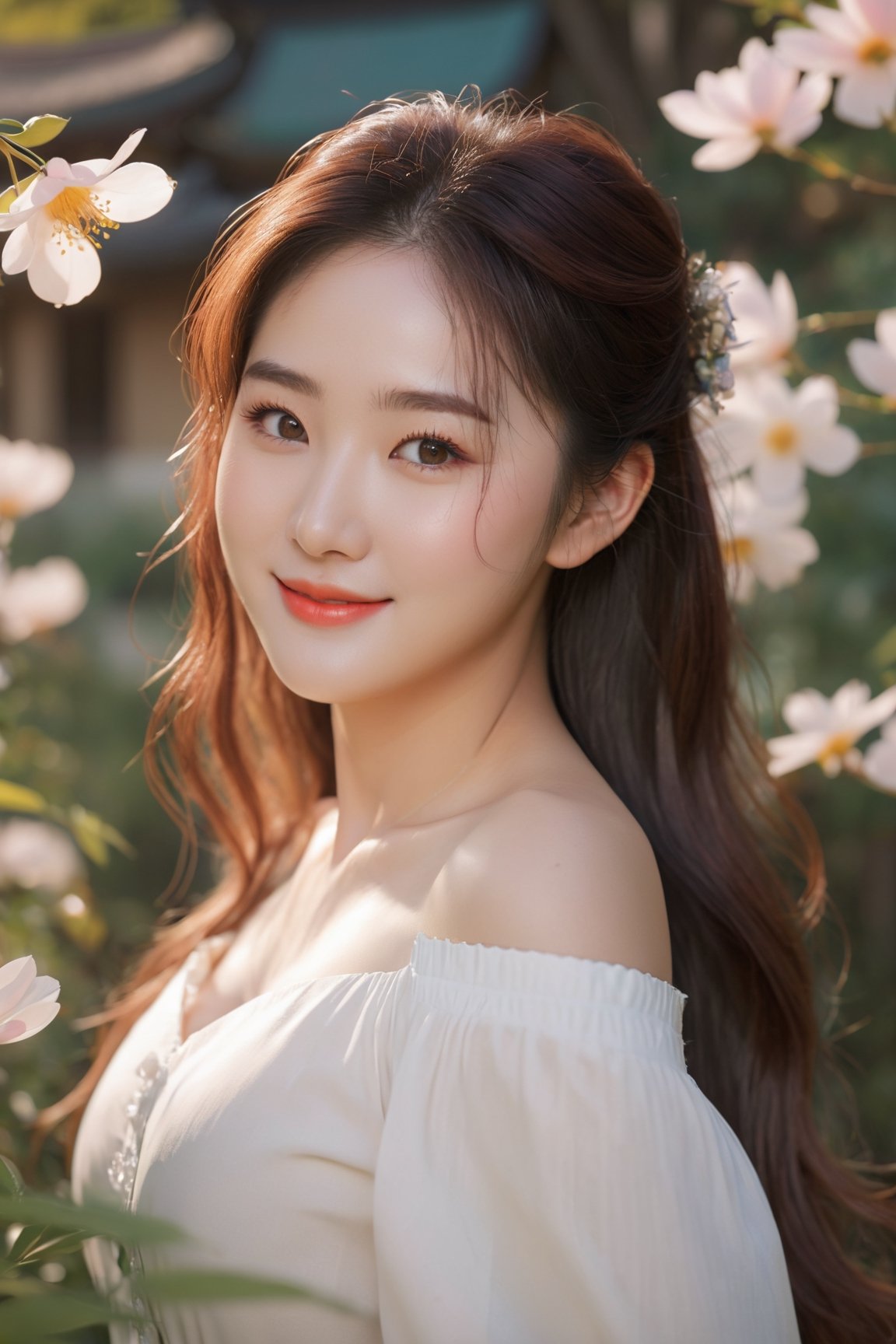 (best quality, masterpieces:1.2, ultra high resolution, 8k, realistic:1.4), 1girl, korean, cute smile, off-the-shoulders, cinematic lighting, beautiful detailed eyes, beautiful detailed lips, longeyelashes, soft skin, flowing hair, colorful garden backdrop, vibrant colors, sunshine ambiance,Korean