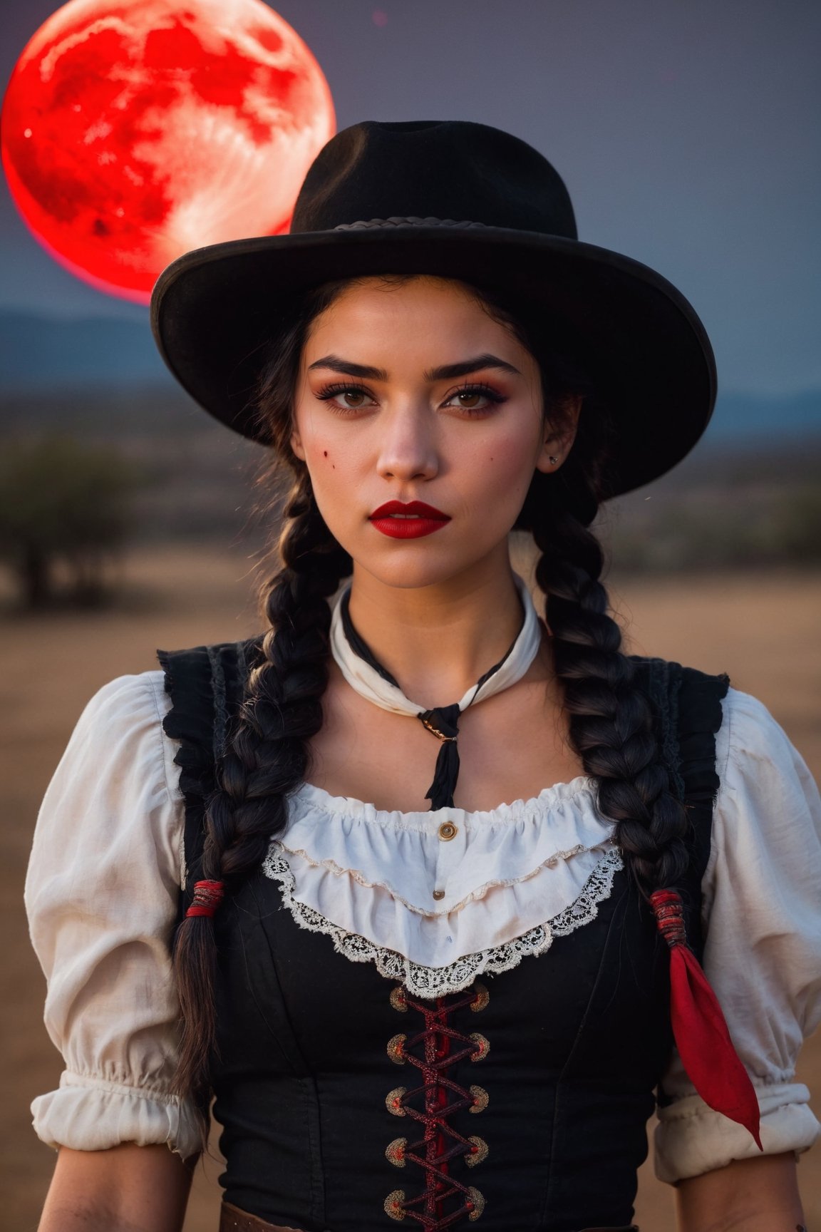 (23-year-old woman), (determined face), (red lips), (black hair braided to the side), (period clothes), (cowboy hat), (blood moon in the background).