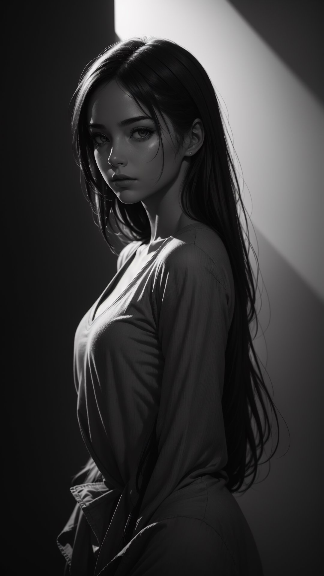 (best quality,4k,8k,highres,masterpiece:1.2),ultra-detailed,(realistic,photorealistic,photo-realistic:1.37),woman sketch drawing,pencil sketch,soft charcoal shading,contour lines,expressive strokes,dramatic contrast,black and white portrait,subtle light and shadow,artistic interpretation,graceful pose,pensive expression,delicate facial features,fine hair strands,captivating eyes,smooth skin texture,feminine charm,stylish outfit,subtle background,artistic ambiance,high contrast,backlit composition,dynamic composition,powerful visual impact,color grading,cinematic lighting,soulful portrait.