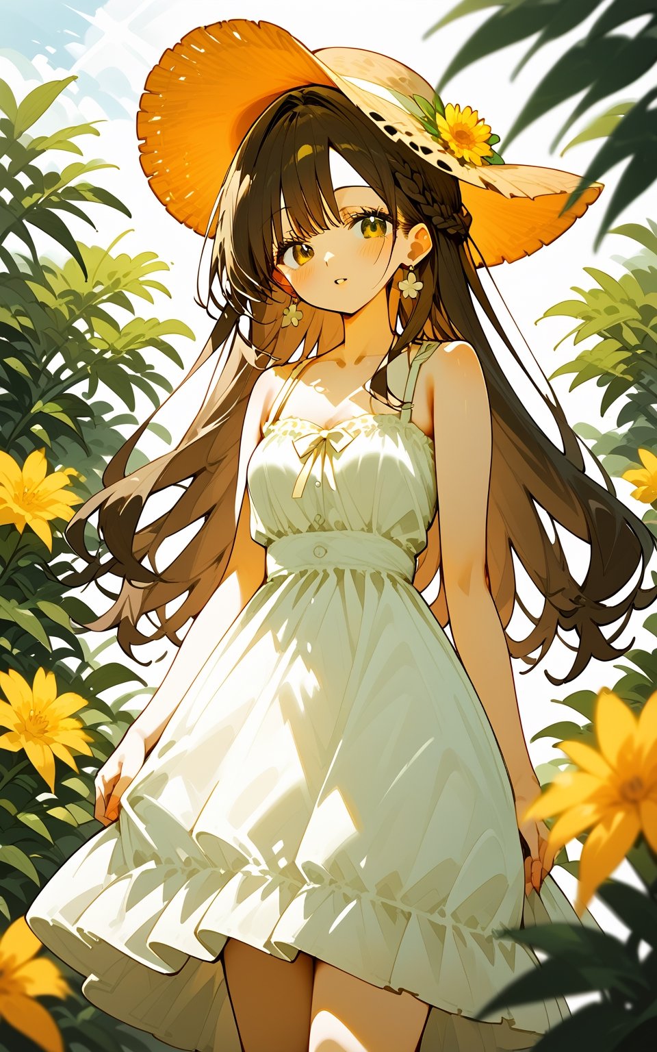 score_9,score_8_up,score_7_up,
1girl,long hair,looking at viewer,blush,bangs,brown hair,hat,dress,bare shoulders,jewelry,standing,collarbone,braid,flower,cowboy shot,earrings,small breasts,outdoors,parted lips,sleeveless,white dress,bare arms,sleeveless dress,plant,sun hat,straw hat,sundress