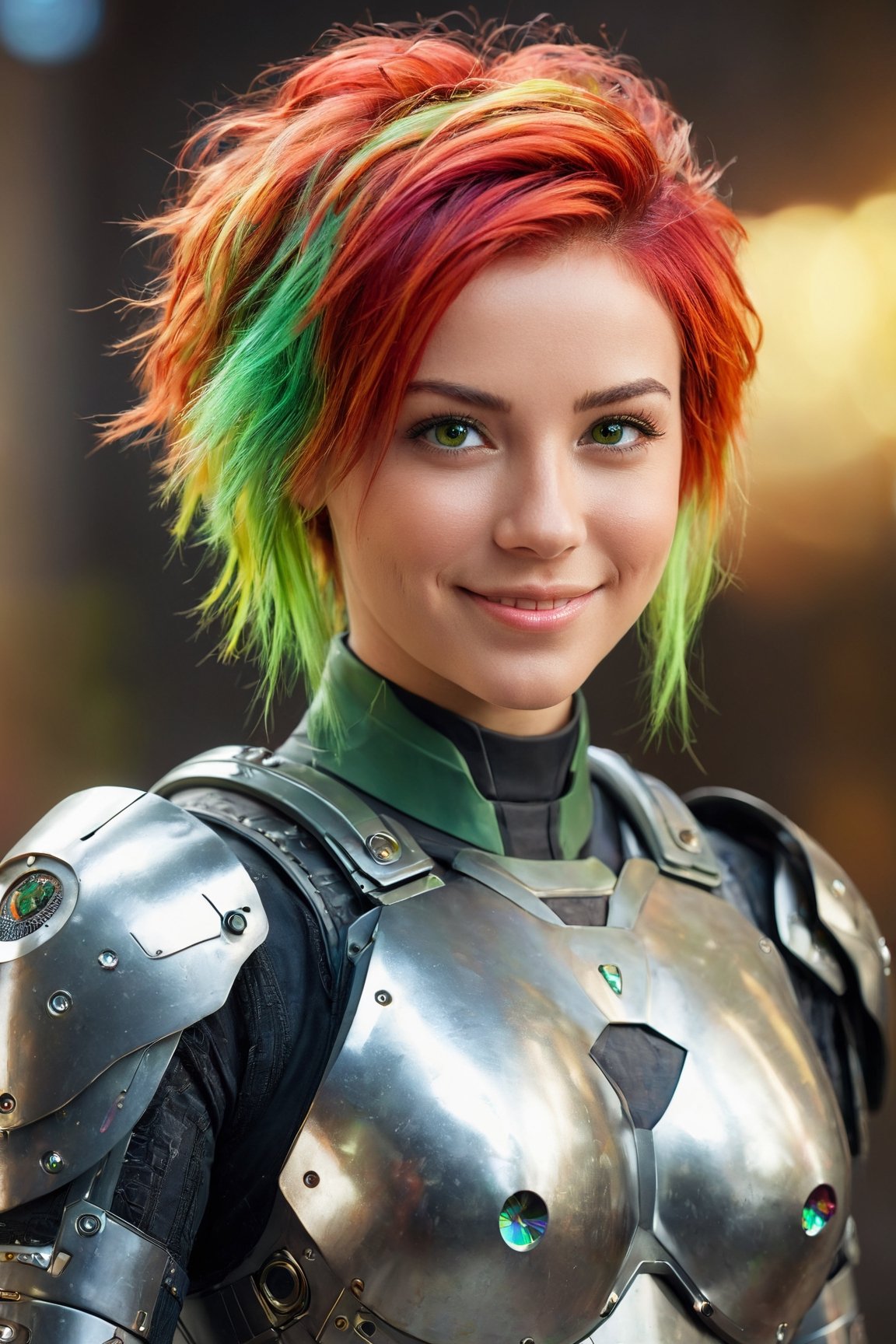 cyborg,girl,armor suit,colorful hair,green eyes,cute smile,messy hair,portrait,(best quality,4k,8k,highres,masterpiece:1.2),ultra-detailed,(realistic,photorealistic,photo-realistic:1.37),HDR,UHD,studio lighting,ultra-fine painting,sharp focus,physically-based rendering,extreme detail description,professional,vivid colors,bokeh,portraits