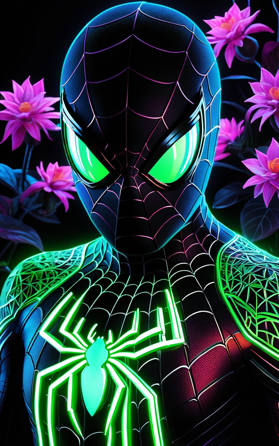 A vibrant and hyper-detailed portrait of a tiny Spider-Man illuminated with neon light. His suit is adorned with intricate, glowing floral patterns and botanical elements. His eyes are glowing neon green, and his web patterns are highlighted with neon light. The background is dark, enhancing the glow of the neon details. The overall style is a fusion of neon art and botanical motifs, creating a mesmerizing and surreal composition. (hyper-detailed, neon light, glowing floral patterns, botanical elements, neon green eyes, neon-highlighted web patterns, dark background, fusion of neon art and botanical motifs, mesmerizing, surreal)