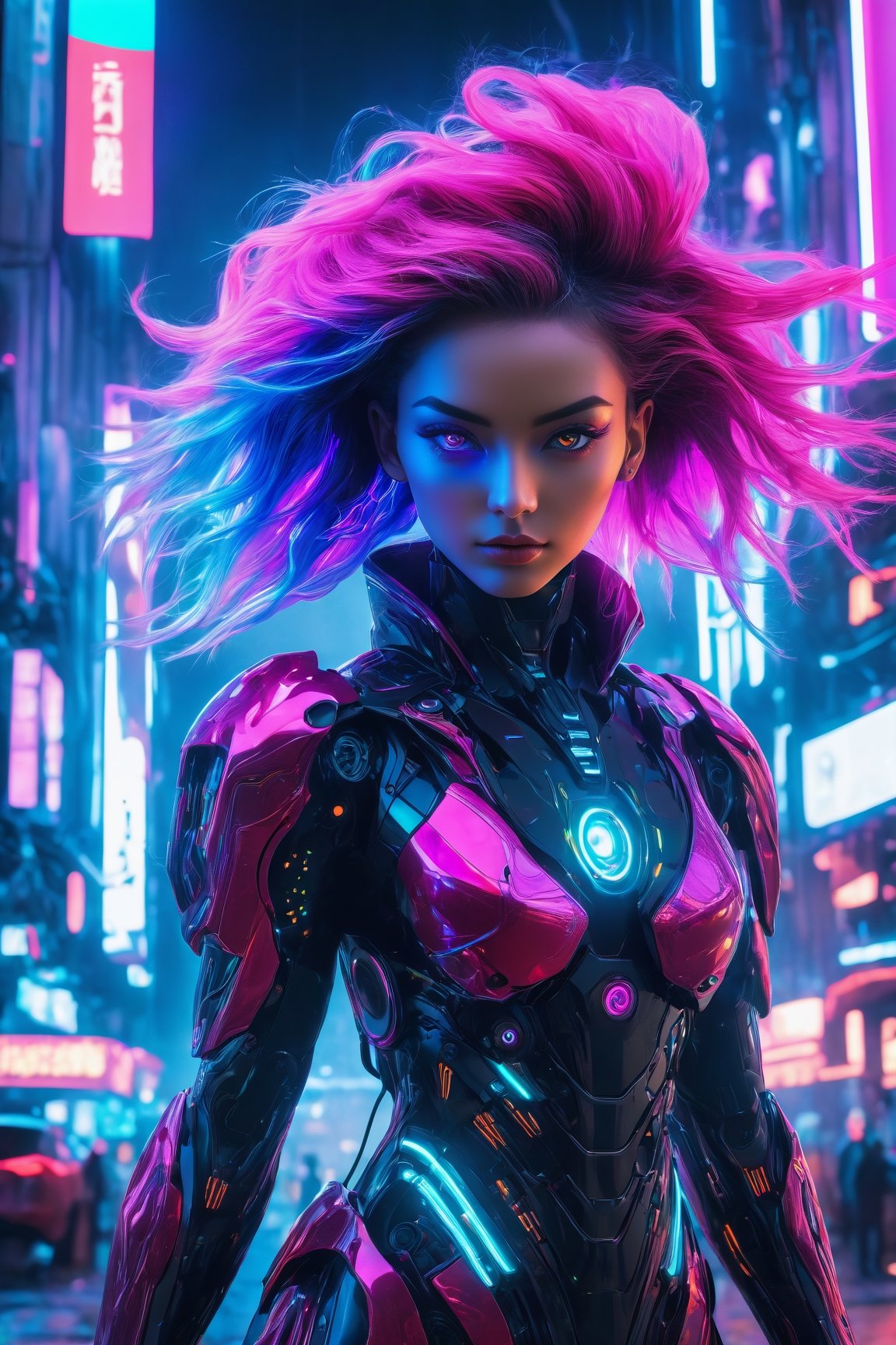 (best quality,4k,8k,highres,masterpiece:1.2),ultra-detailed,(realistic,photorealistic,photo-realistic:1.37),cyborg,1girl,neon hair,niji style,futuristic,electric atmosphere,vibrant colors,glowing lights,metallic reflections,digital enhancements,energetic pose,eye-catching,artificial intelligence,tech-inspired,fluid motion,dynamic composition,sci-fi elements,urban setting,gritty background,dystopian vibes,edgy fashion,cyberpunk aesthetics,holographic effects,retro-futurism,synthetic beauty,neon signs,rich textures,immersive experience,advanced technology,cybernetic enhancements,otherworldly,expressive eyes,mechanical details,modern art,unique perspective,experimental,cosmic energy,nanoscale implants,ethereal presence,augmented reality,creative expression,limitless possibilities