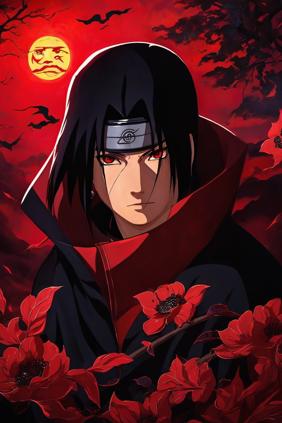 Itachi Uchiha, Sharingan eyes, blood moon background, close up, portrait, piercing gaze, intense expression, dark and mysterious atmosphere, black hair, flowing in the wind, red and black cloak, embroidered Uchiha clan symbol, detailed facial features, strong and defined jawline, intense stare, red iris with three black tomoe, illusionary powers, powerful ninja, skilled in fire style jutsu, mysterious aura, strong presence, deep shadows, dramatic lighting, haunting beauty, high contrast, chiaroscuro effect, vibrant red color scheme, ominous and eerie mood, masterful painting techniques, oil on canvas, hyperrealistic style, finest brushstrokes, intricate details, supernatural element, enigma, epic and captivating artwork. (best quality, 4k, highres, realistic:1.2), ultra-detailed, vivid colors, studio lighting