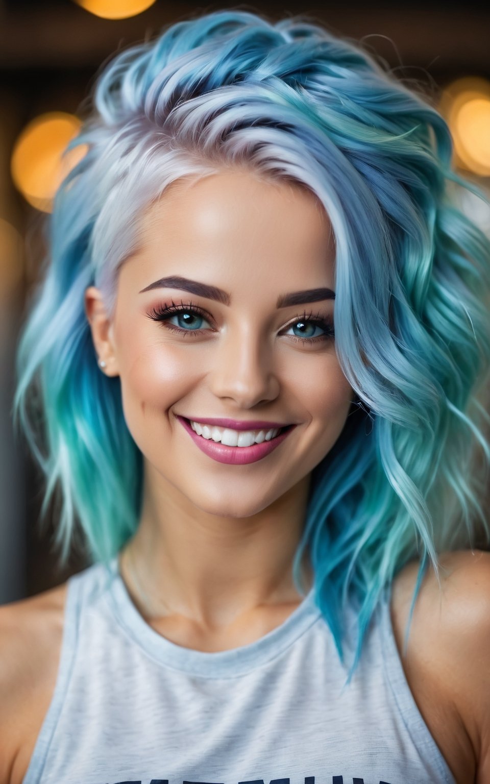 (best quality, 4k, 8k, highres, masterpiece:1.2), ultra-detailed, woman,blue hair,gym clothes,(best quality,highres:1.2),(vivid colors,colorful:1.1),(bokeh), (portraits),(studio lighting),(ultra-fine painting),(sharp focus),(extremely detailed eyes and face), (detailed lips),(beautiful detailed eyes),(long eyelashes), portrait 