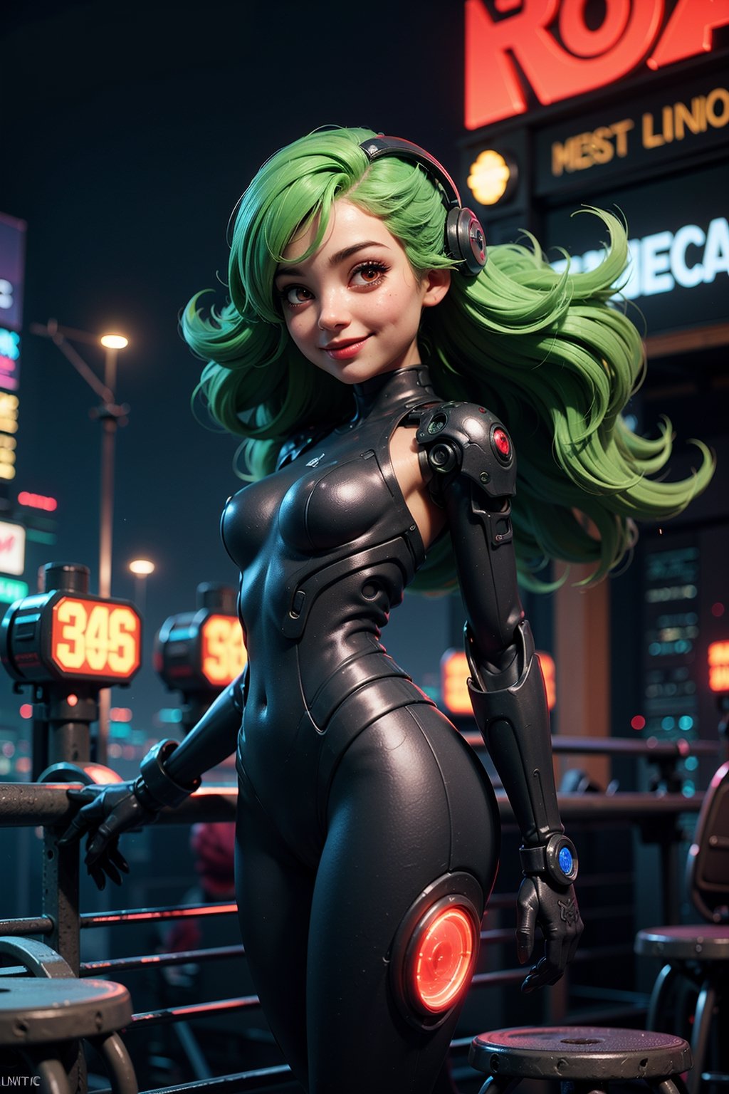(Vivid neon night, detailed background), (petite cyborg girl, cute face, perky breasts), cute smile, Amidst the vibrant neon night of a futuristic cyberpunk city, the scene bursts with intricate details. A petite and cute cyborg girl, her face perfect and her anatomy flawless, stands with bright, glowing red eyes. Her absurdly long gradient red and green hair flows in the wind as she dons a detailed ribbed impossible bodysuit, featuring shoulder armor and cybernetic limbs, all captured from a dynamic angle.