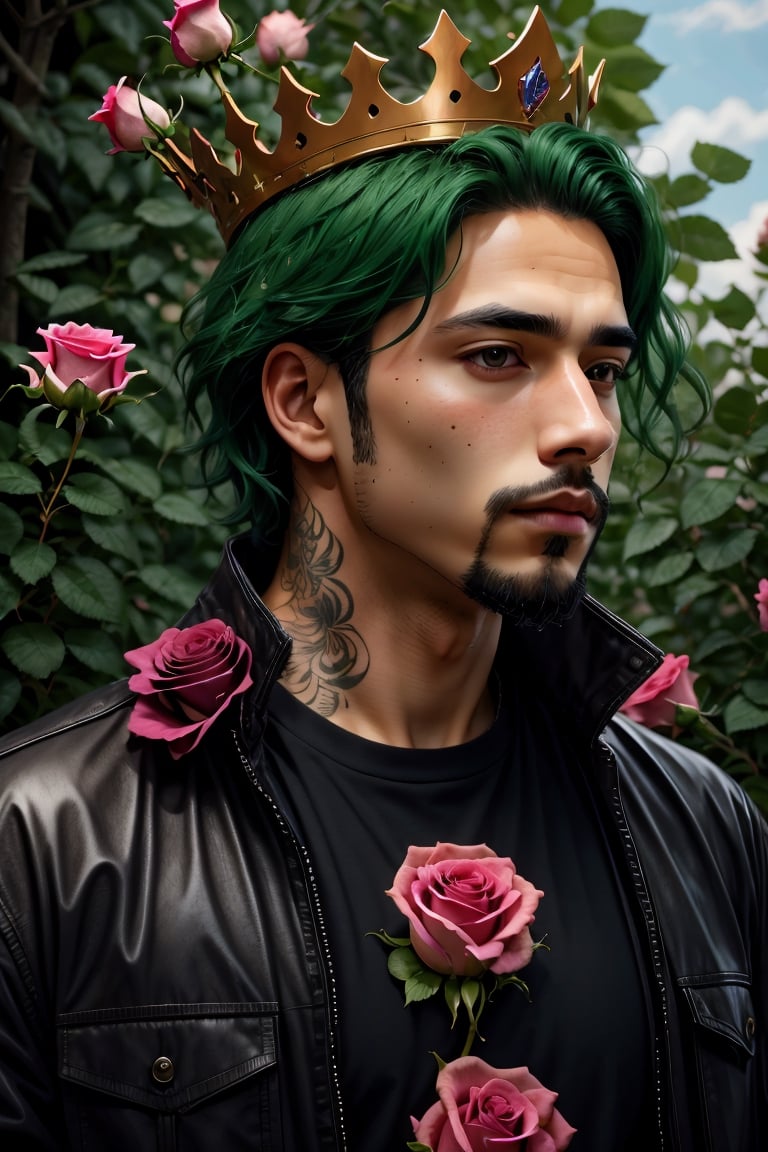 (best quality, 4k, 8k, highres, masterpiece:1.2), ultra-detailed, (realistic, photorealistic, photo-realistic:1.37), solo,short hair,shirt,black hair,1boy,jacket,upper body,flower,male focus,outdoors,green hair,from side,petals,black shirt,tattoo,profile,rose,facial hair,crown,pink flower,freckles,goatee,pink rose