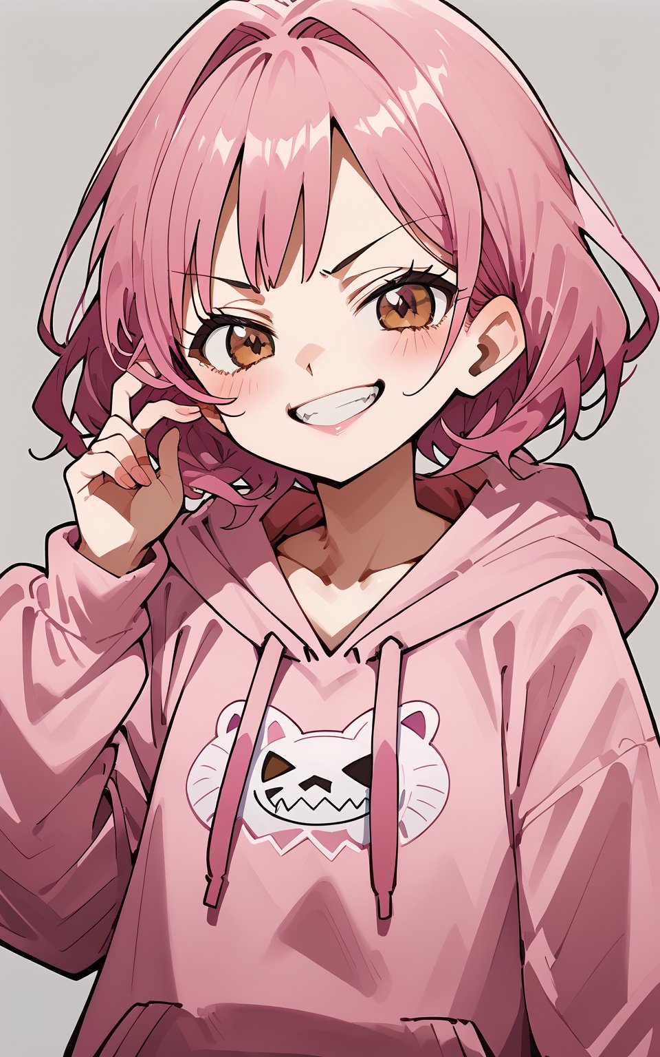 score_9,score_8_up,score_7_up,
1girl,looking at viewer,blush,smile,short hair,bangs,simple background,long sleeves,brown eyes,collarbone,upper body,pink hair,teeth,hand up,hood,grey background,grin,hoodie,hood down,pink hoodie,purple hoodie