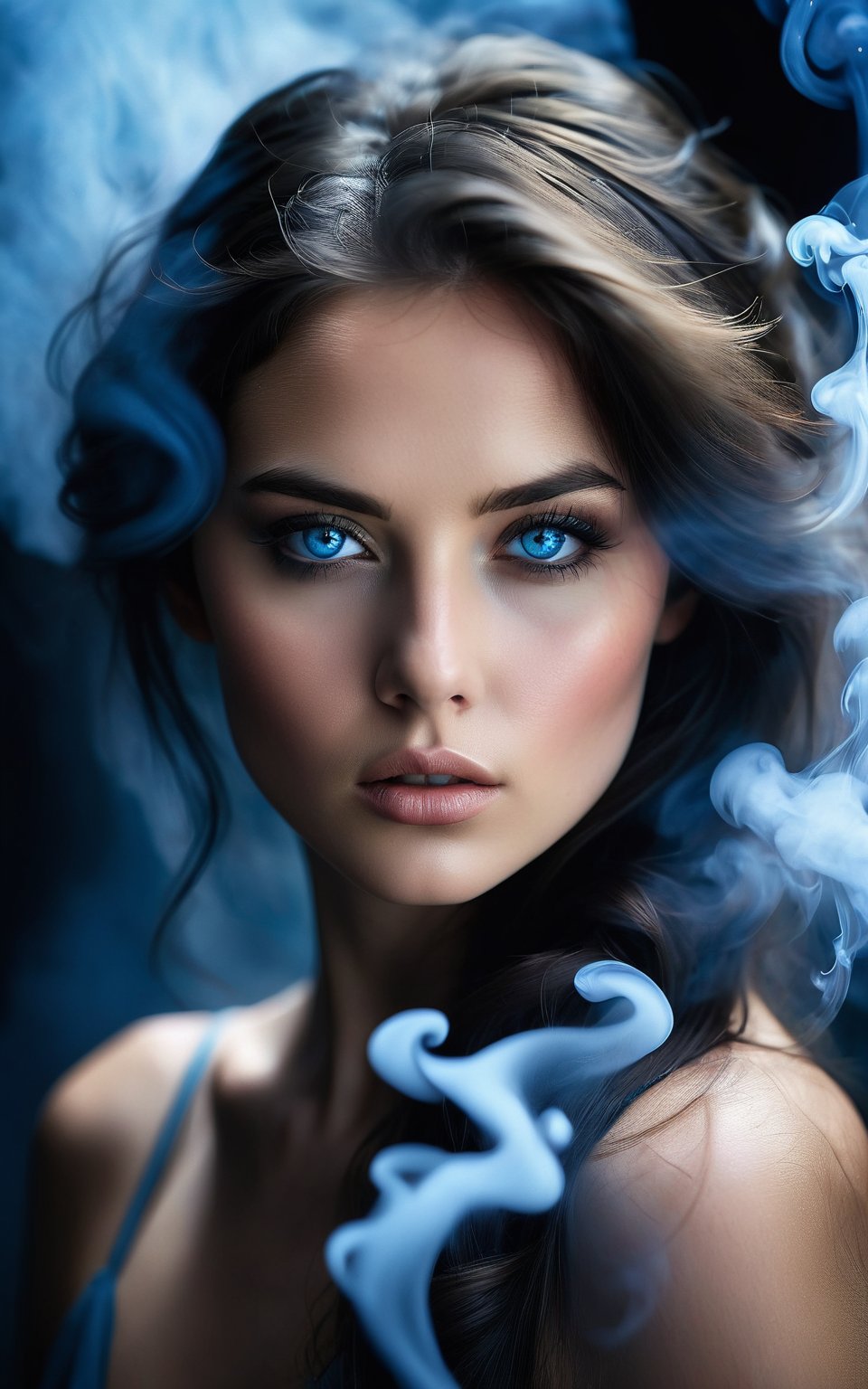 (high quality, ultra-realistic, photorealistic), beautiful young woman, close-up portrait, dark hair, intense gaze, blue eyes, surrounded by blue smoke, ethereal atmosphere, mysterious ambiance, dark background, soft lighting, high contrast, cinematic composition, smooth skin, sharp details, elegant and captivating, surreal effect, high resolution, fantasy style, enchanting visuals, dreamlike quality, mesmerizing aesthetics.