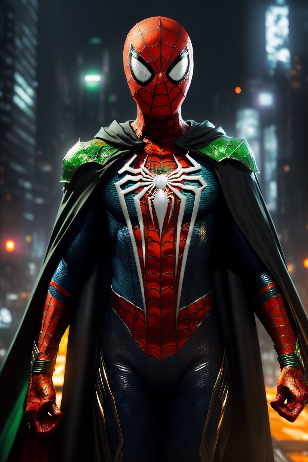 (Breathtaking 8K concept art), (Spiderman in a sleek orange and green armored suit, unmasked, with a flowing black cape:1.3), Against a detailed night cityscape, bathed in natural volumetric lighting, reminiscent of artistic visionaries like Greg Rutkowski, (A masterpiece trending on ArtStation:1.3)