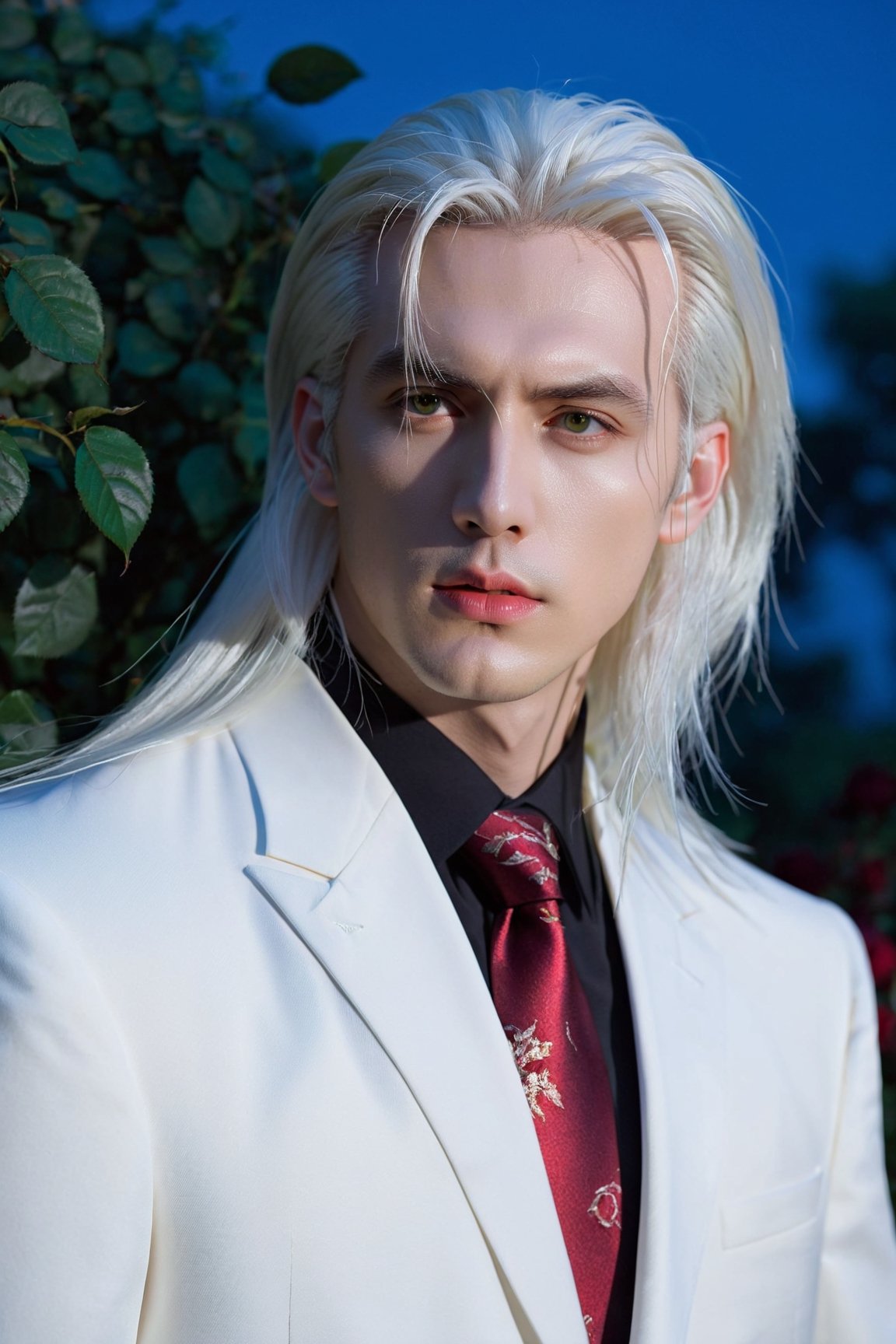 masterpiece, highest quality, (solo focus), (perfect face:1.1), (high detail:1.1), (hyper detailed eyes), dramatic, a guy with pale skin and long voluminous white hair, white eyes, solo, long hair, Sephiroth, moon, night, white luxury suit, covered navel, pouty lips, fur, arrogant expression, Rose Garden, detailed background, art by artgerm, cinematic lighting, roses, fashion, BalenciagaStyle