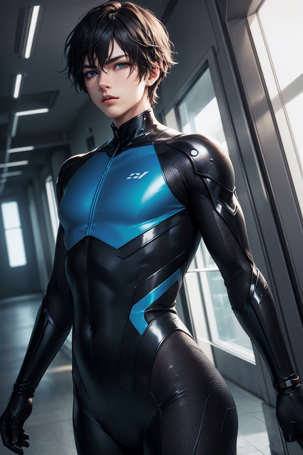 (extremely detailed CG unity 8k wallpaper,masterpiece),(best illumination, best shadow, an extremely delicate and beautiful),(1boy),blue eyes, dark hair,red and black sci-fi bodysuit,neck seal,high-tech sci-fi hallway, dynamic pose, detailed machinery, sleek design.