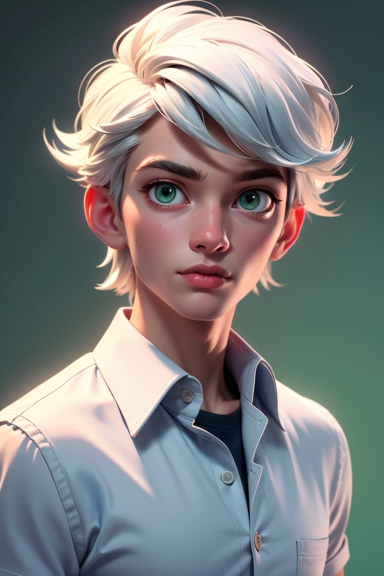 (best quality, 4k, 8k, highres, masterpiece:1.5), ultra-detailed, solo,looking at viewer,short hair,shirt,1boy,green eyes,white shirt,upper body,white hair,male focus,collared shirt,portrait