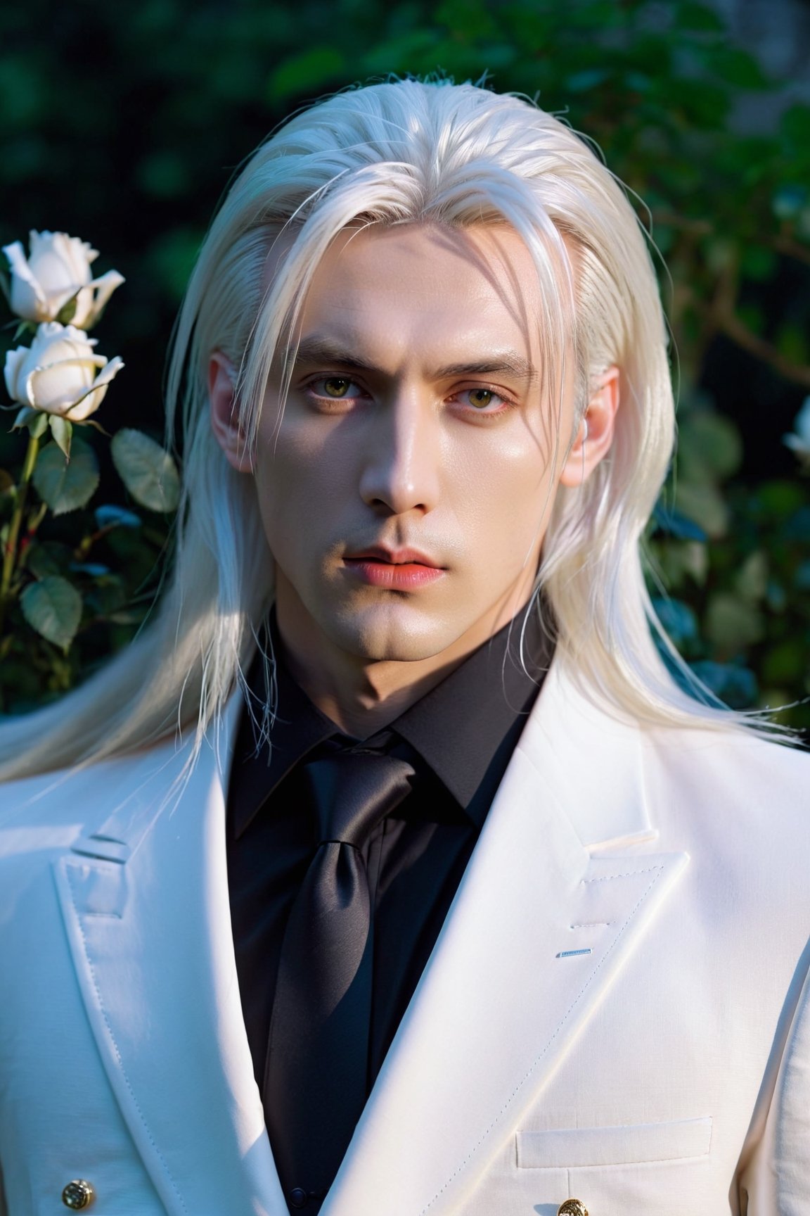 masterpiece, highest quality, (solo focus), (perfect face:1.1), (high detail:1.1), (hyper detailed eyes), dramatic, a guy with pale skin and long voluminous white hair, white eyes, solo, long hair, Sephiroth, moon, night, white luxury suit, covered navel, pouty lips, fur, arrogant expression, Rose Garden, detailed background, art by artgerm, cinematic lighting, roses, fashion, BalenciagaStyle