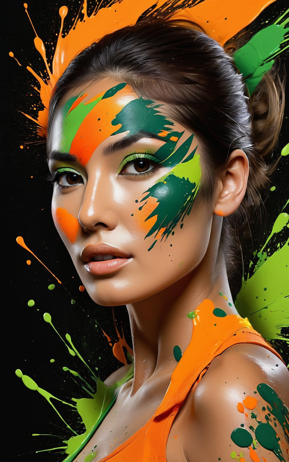 (Artistic bird illustration, high resolution, painted style, colored paint splatters), a [woman] depicted in a painted style with dynamic and vibrant paint splatters. The main colors are [orange] and [green], set against a [black] background. The artwork captures the lively essence of the [woman] through the use of bold paint splatters, creating a visually striking and energetic composition.