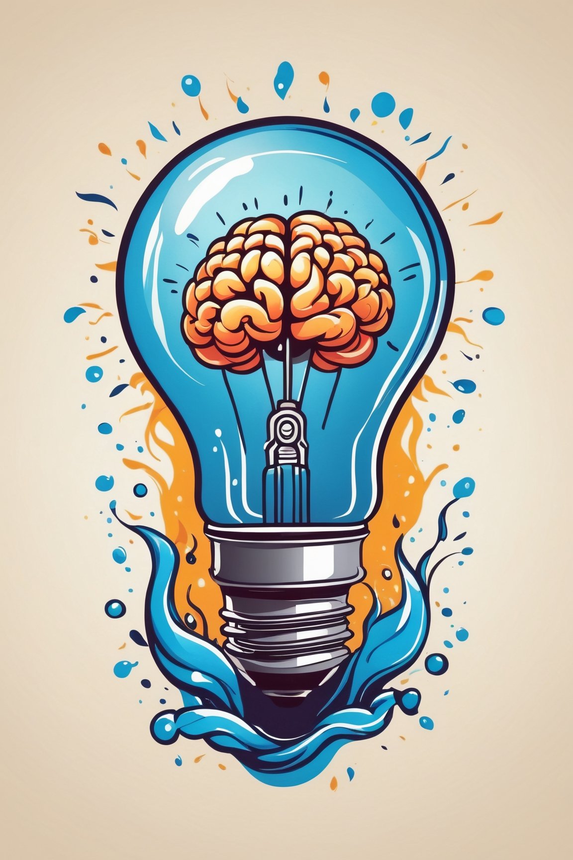 (best quality, 4k, 8k, highres, masterpiece:1.2), ultra-detailed,T-shirt design,illustration, a light bulb with a brain inside of it and water splashes around it,