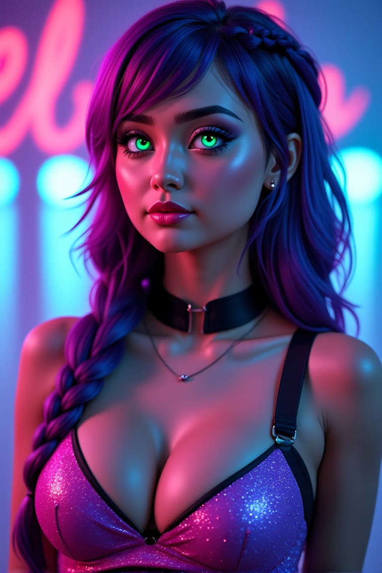 A highly stylized, neon-lit portrait of a young woman with striking, bright green glowing eyes. She has long, colorful hair with shades of purple and blue, styled in a loose braid over one shoulder. Her skin is smooth and illuminated by vibrant pink and teal lighting, creating a futuristic cyberpunk vibe. She is wearing a sparkly, glitter-covered top that catches the light, reflecting small sparkles across her chest. A black choker wraps around her neck, and she has a septum piercing. The background is softly blurred, featuring soft bokeh lights in various colors, enhancing the overall neon aesthetic.