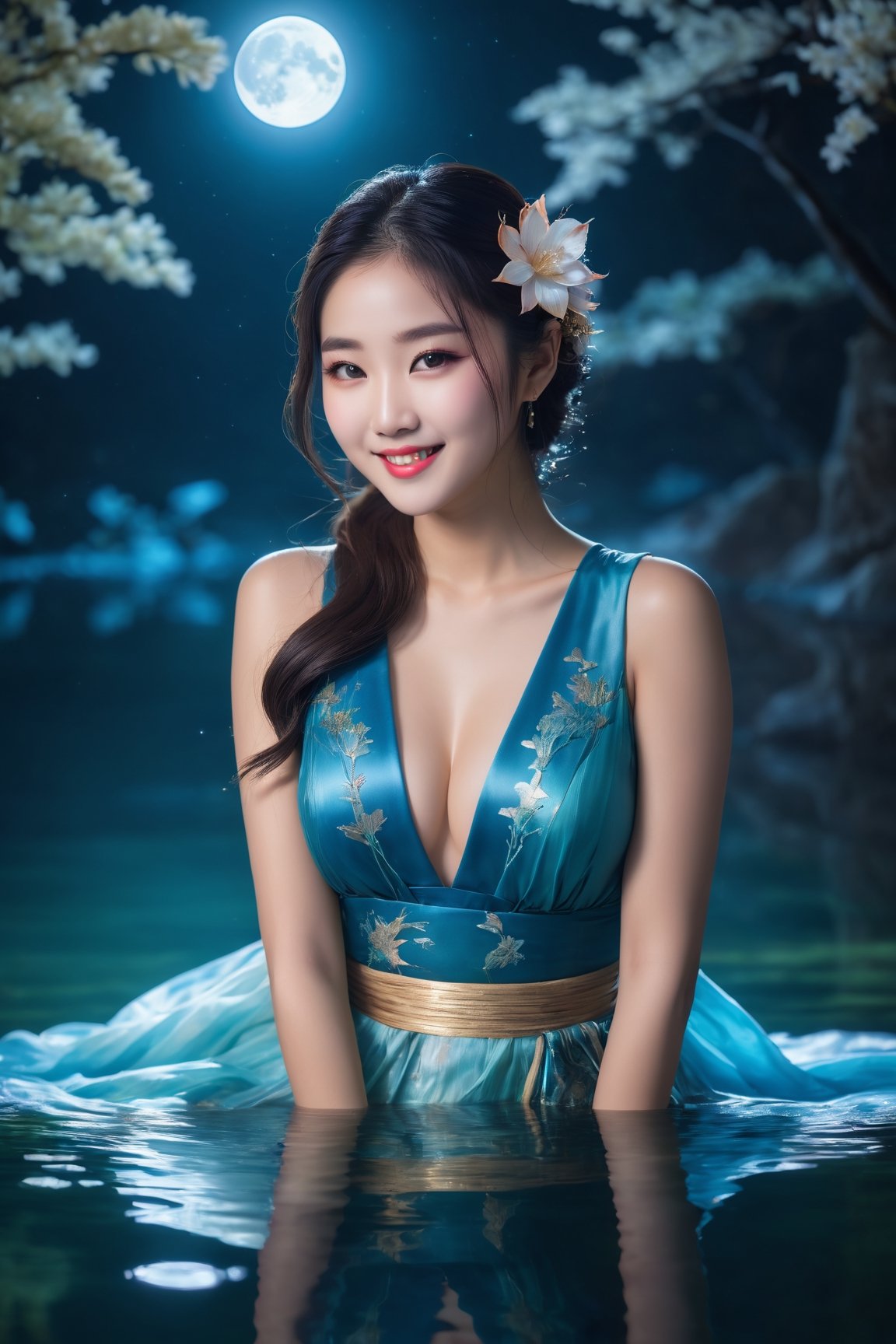 closed lips, cute smile, asian girl, high quality, 8K Ultra HD, beautiful Goddess of the Moonlit Lake, Discover the enchanting beautiful Goddess of the Moonlit Lake, who emerges from the water under the moon's soft glow, Adorned in flowing aquatic attire, she embodies the beauty of the moon's reflection on the lake's surface, Ethereal water creatures, such as water nymphs and luminescent fish, surround her, creating an aura of aquatic wonder, The color palette features moonlit blues, aquatic greens, and hints of silvery moonlight, evoking the allure of moonlit waters, by yukisakura, high quality,