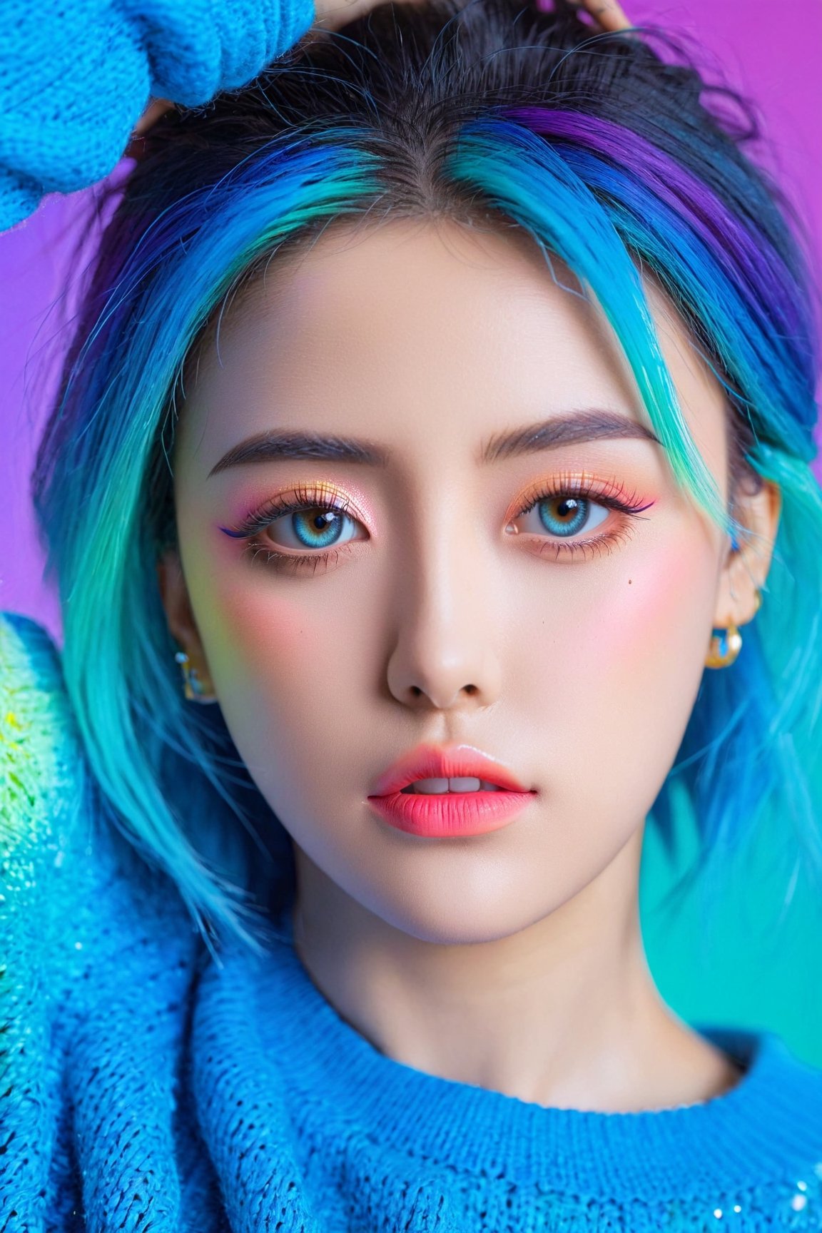 realistic,detailed,anime-style,1girl,beautiful detailed eyes,beautiful detailed lips,extremely detailed eyes and face,long eyelashes,Sweater,order,Blue gradient background,Neon hair,Textured crop,Canadian,(masterpiece:1.2),(best quality),(niji style),vivid colors