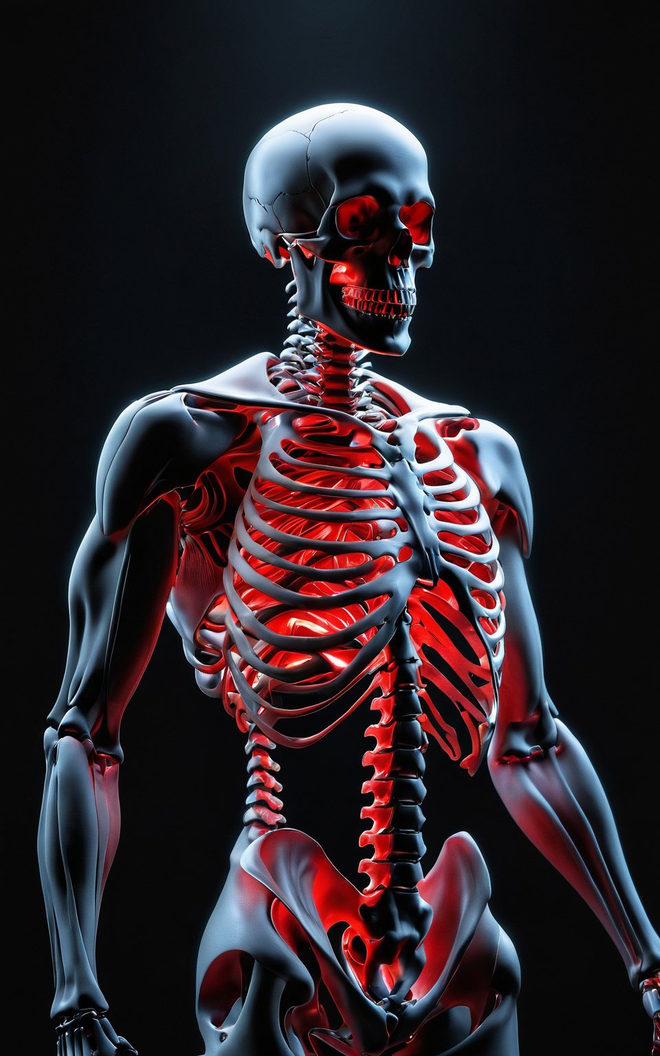 (best quality, 4K, 8K, high-resolution, masterpiece), ultra-detailed, extremely realistic photography of [man] , dark background, |red] halo around head, xray body reflections, black, skeleton hand on chest,below, photorealistic, dark mistica