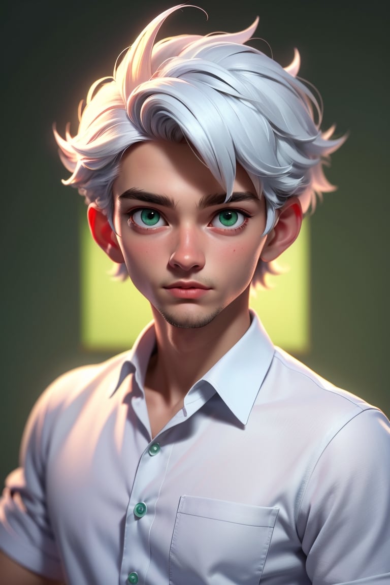 (best quality, 4k, 8k, highres, masterpiece:1.5), ultra-detailed, solo,looking at viewer,short hair,shirt,1boy,green eyes,white shirt,upper body,white hair,male focus,collared shirt,portrait