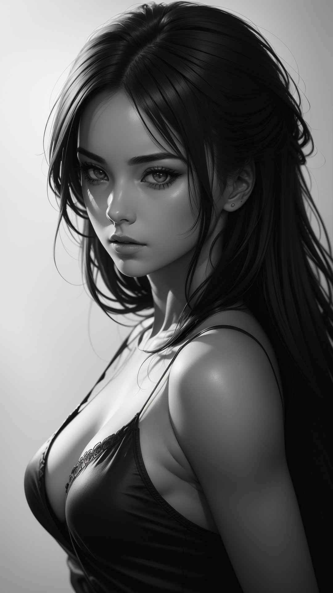 (best quality,4k,8k,highres,masterpiece:1.2),ultra-detailed,realistic,sexy girl,body proportions,beautiful detailed eyes,beautiful detailed lips,flawless skin,gorgeous appearance,long flowing hair,fierce expression,powerful pose,charcoal sketch,high contrast,subtle shading,sensual atmosphere,black and white,soft lighting