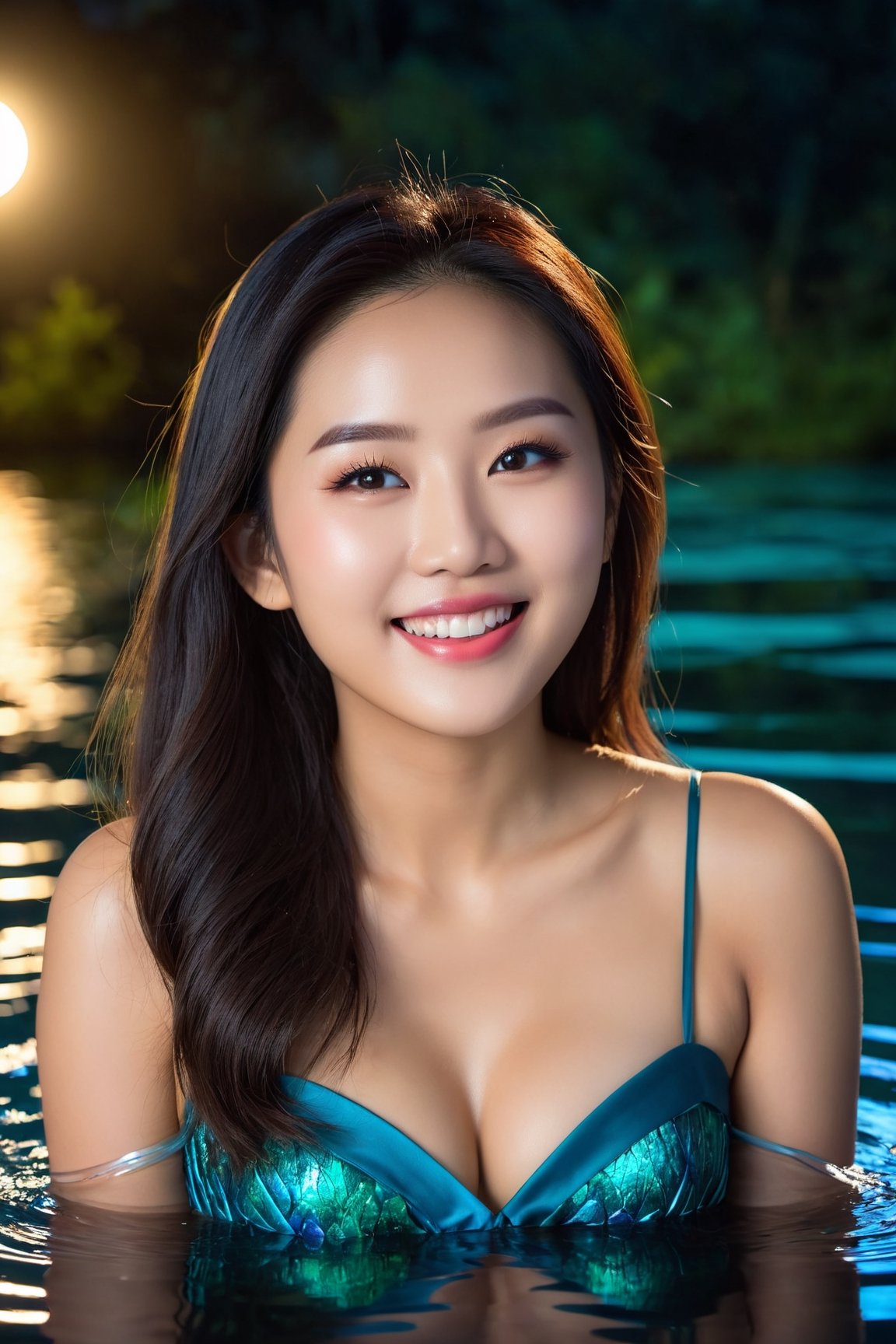 closed lips, cute smile, asian girl, high quality, 8K Ultra HD, beautiful Goddess of the Moonlit Lake, Discover the enchanting beautiful Goddess of the Moonlit Lake, who emerges from the water under the moon's soft glow, Adorned in flowing aquatic attire, she embodies the beauty of the moon's reflection on the lake's surface, Ethereal water creatures, such as water nymphs and luminescent fish, surround her, creating an aura of aquatic wonder, The color palette features moonlit blues, aquatic greens, and hints of silvery moonlight, evoking the allure of moonlit waters, by yukisakura, high quality,