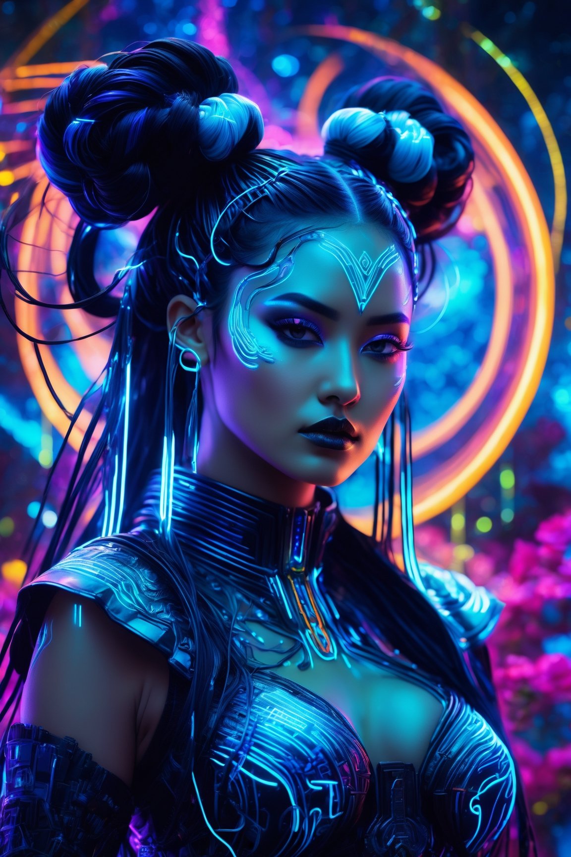 (best quality,8K,highres,masterpiece), ultra-detailed, cyberpunk woman adorned with long black hair fashioned into space buns. In this ethereal scene, she embodies the role of the goddess of horticulture, surrounded by millions of microscopic, ultra-bright blue neon strings emanating from her form. composition showcases a stunningly beautiful backlit silhouette, intricately detailed and adorned with neon clouds, creating a mesmerizing and vivid blue color palette,Realism