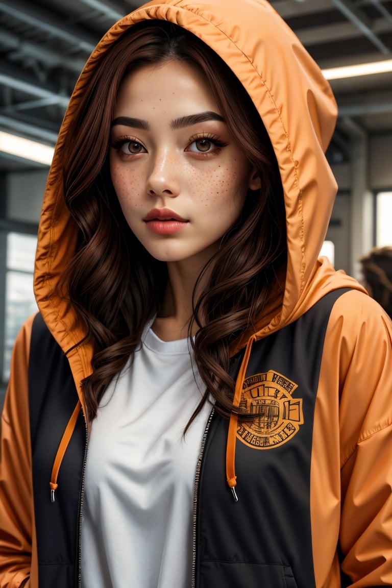 (best quality, 4k, 8k, highres, masterpiece:1.2), ultra-detailed, (realistic, photorealistic, photo-realistic:1.37), 1girl,solo,long hair,looking at viewer,shirt,brown eyes,closed mouth,jacket,upper body,open clothes,hood,orange hair,open jacket,lips,black jacket,black shirt,eyelashes,hoodie,hooded jacket,hood up,freckles,realistic,nose,open hoodie