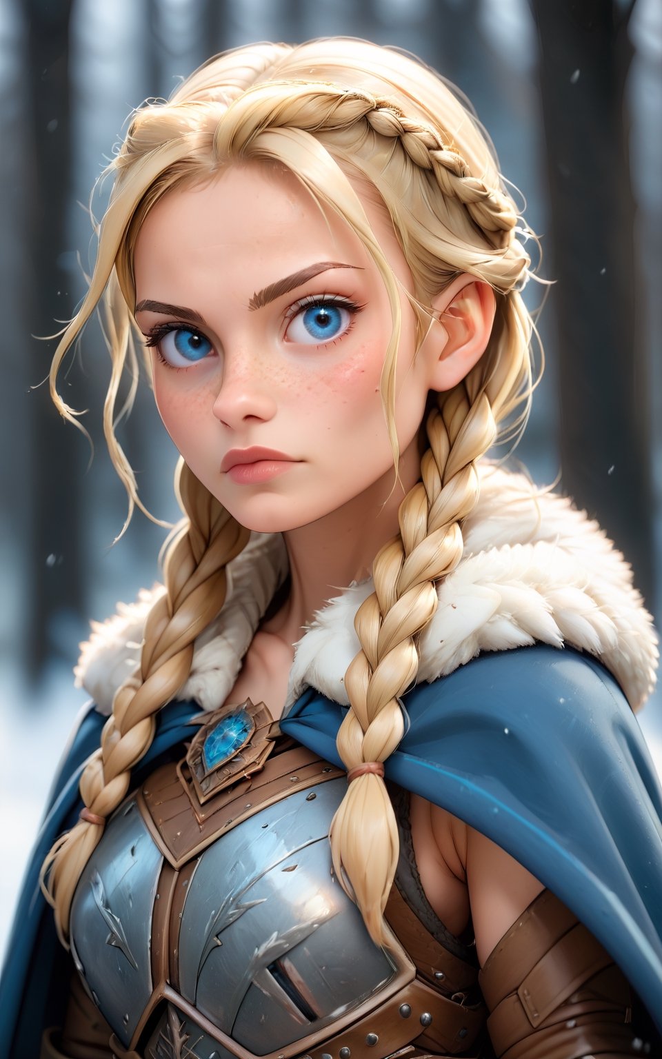 score_9,score_8_up,score_7_up,1girl,long hair,looking at viewer,blue eyes,blonde hair,upper body,braid,cape,armor,mole,twin braids,lips,fur trim,blurry background,freckles